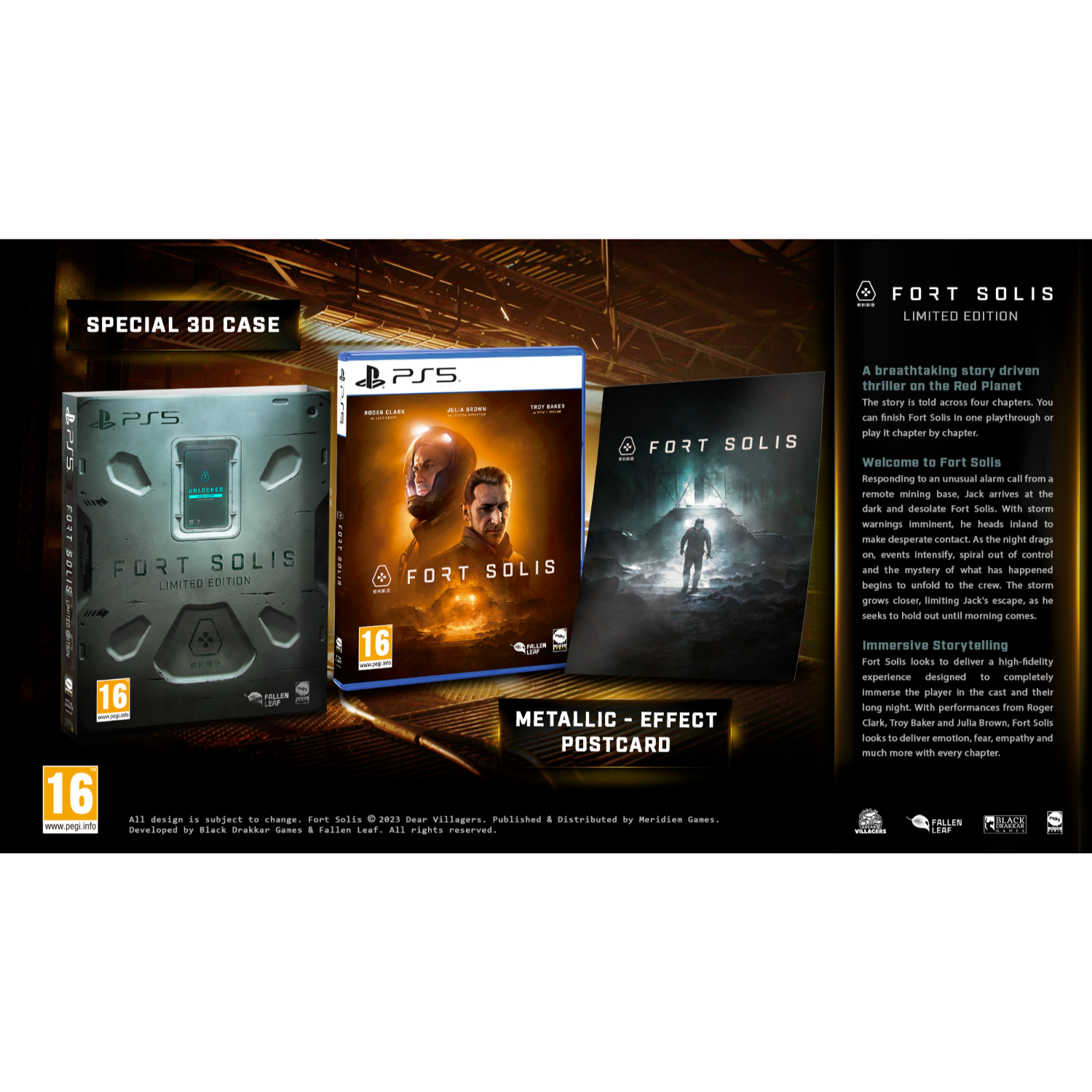 Zestaw pudełkowy z grą z dyskiem, książką i pocztówką. Gra nazywa się Fort Solis.