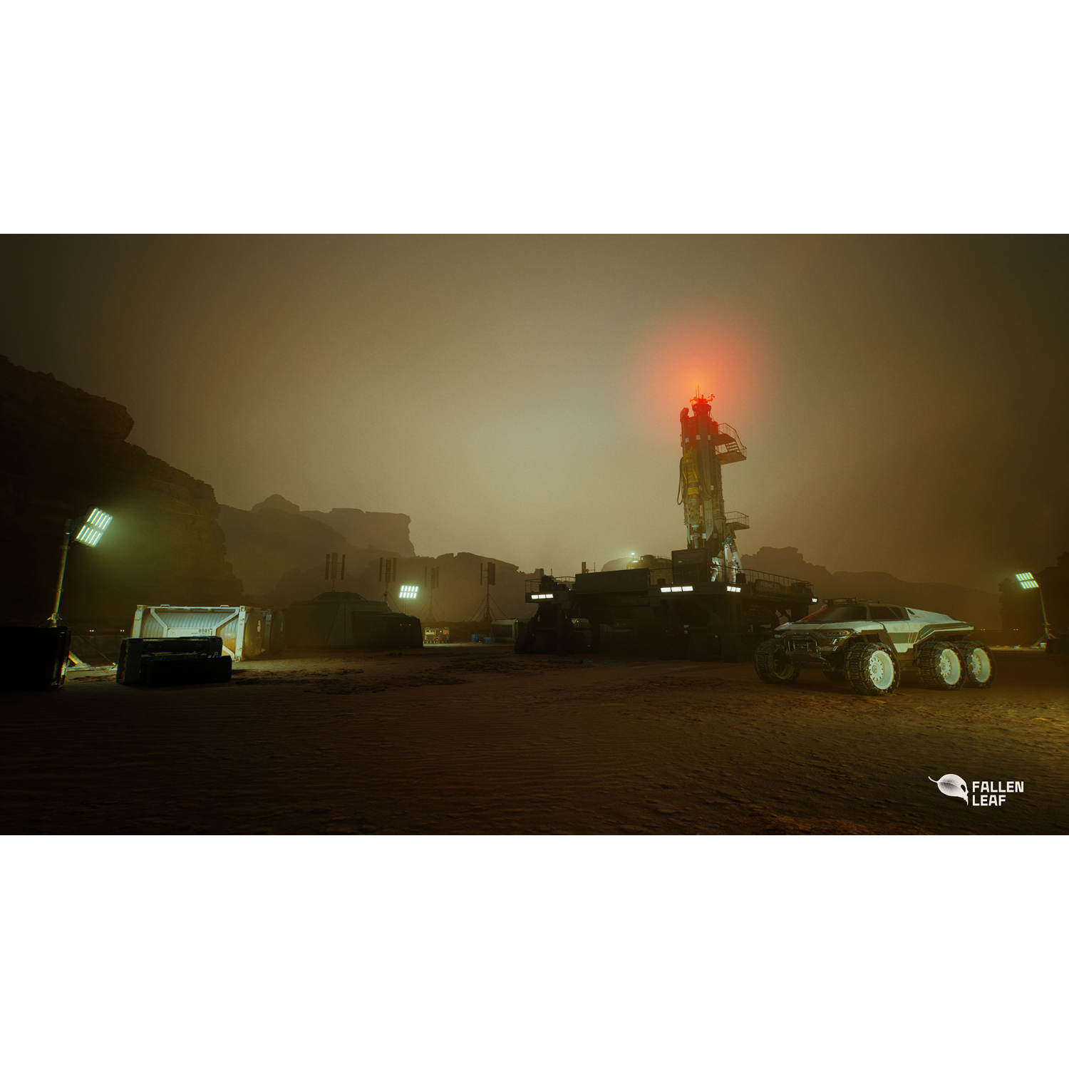 Krajobraz marsjański z platformą wiertniczą. Pojazdy i konstrukcje pod mglistym pomarańczowym niebem.