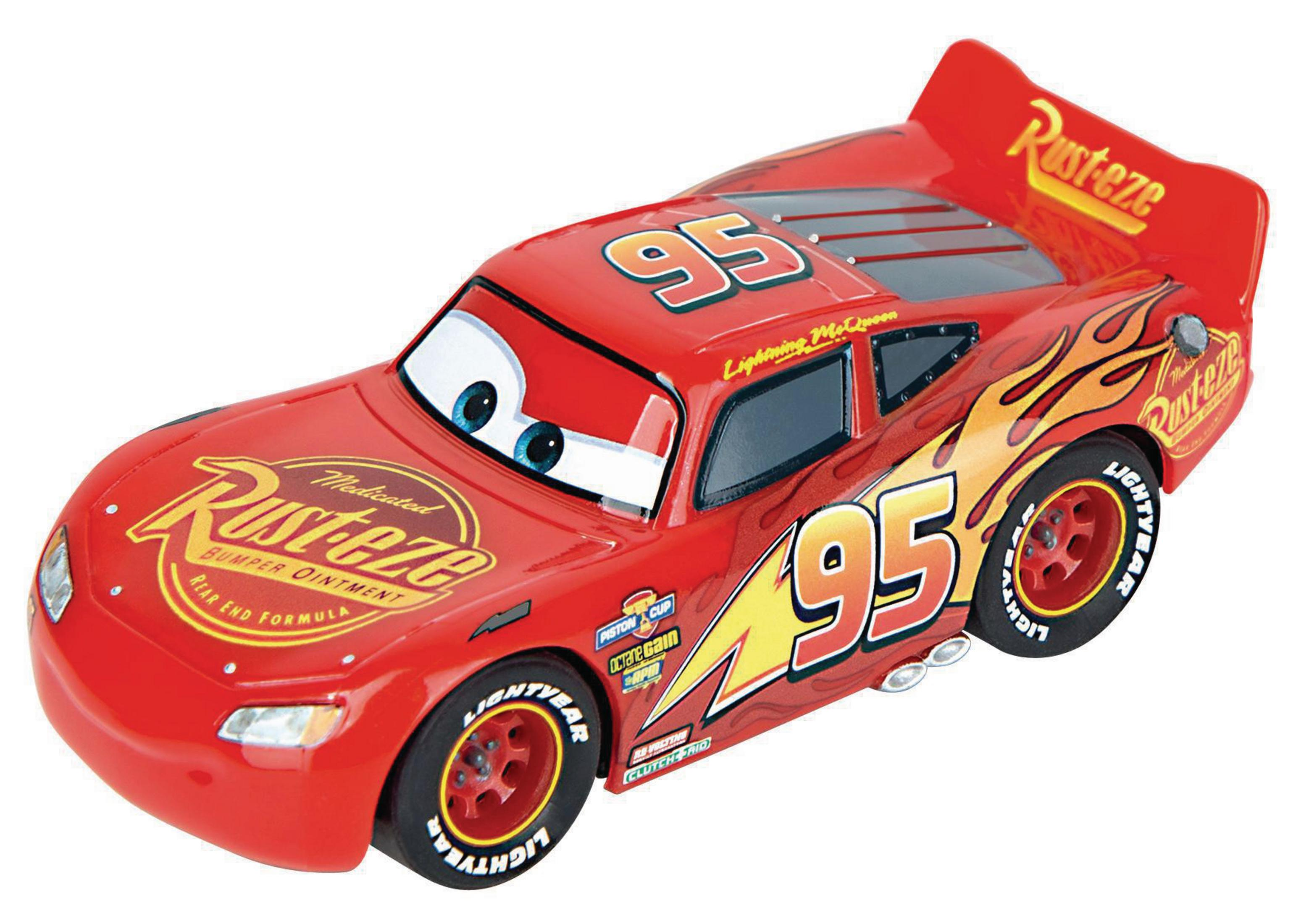 Un coche de juguete rojo de Lightning McQueen, con varios logotipos de patrocinadores y el número 95.
