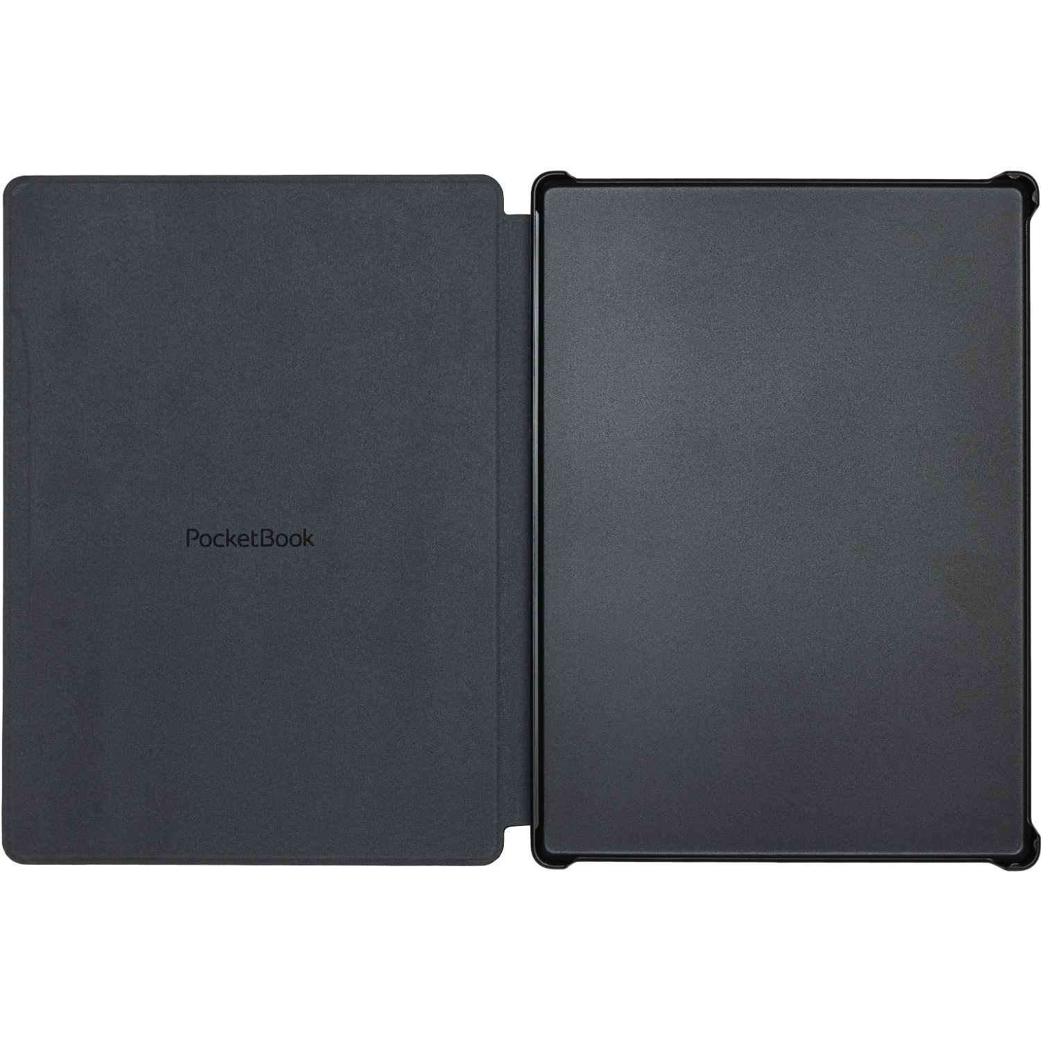 Schwarze, offene Tablethülle mit der Marke PocketBook.
