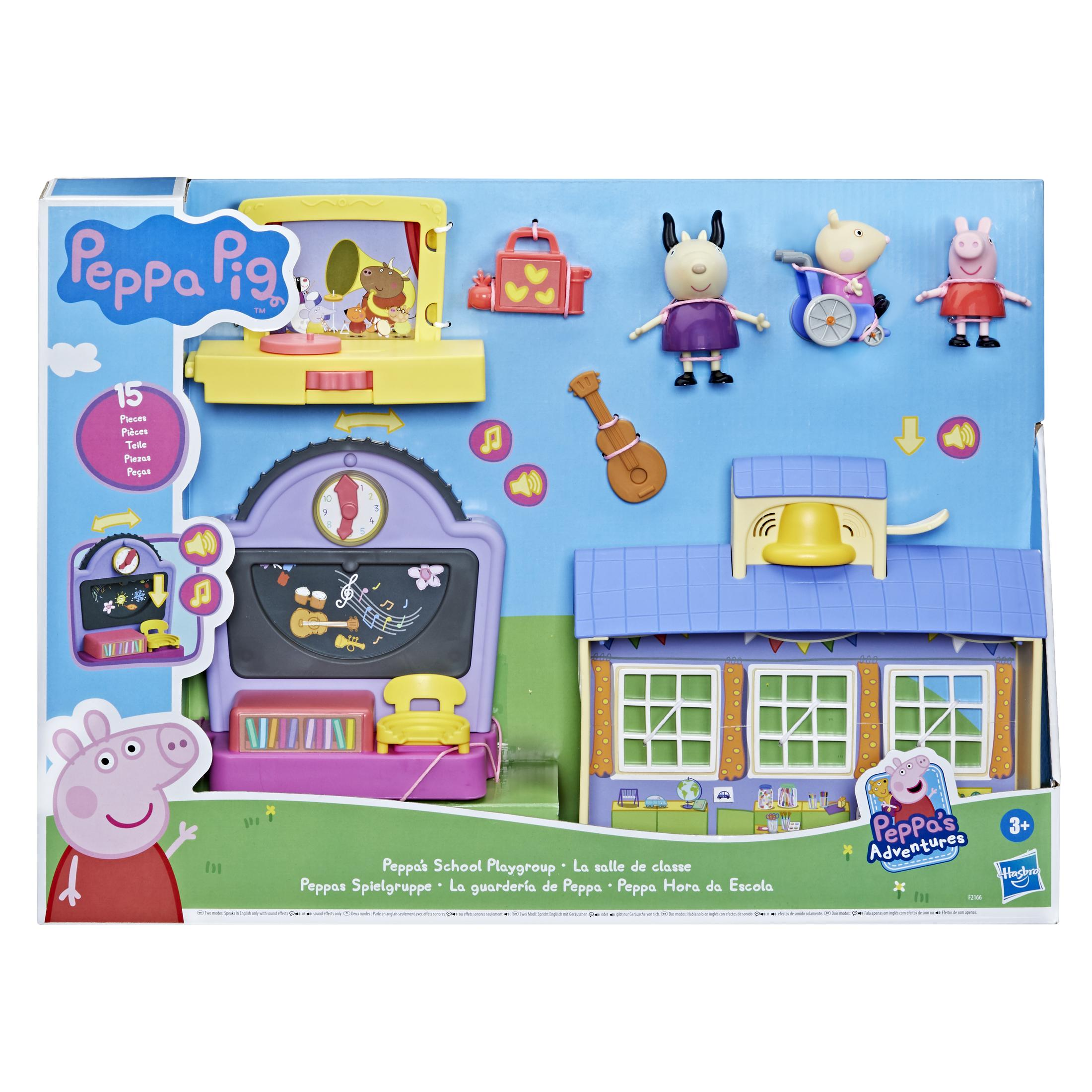 Eine Peppa Wutz Spielzeugkiste mit Figuren und Zubehör. Es zeigt ein Schulhaus und Charaktere.