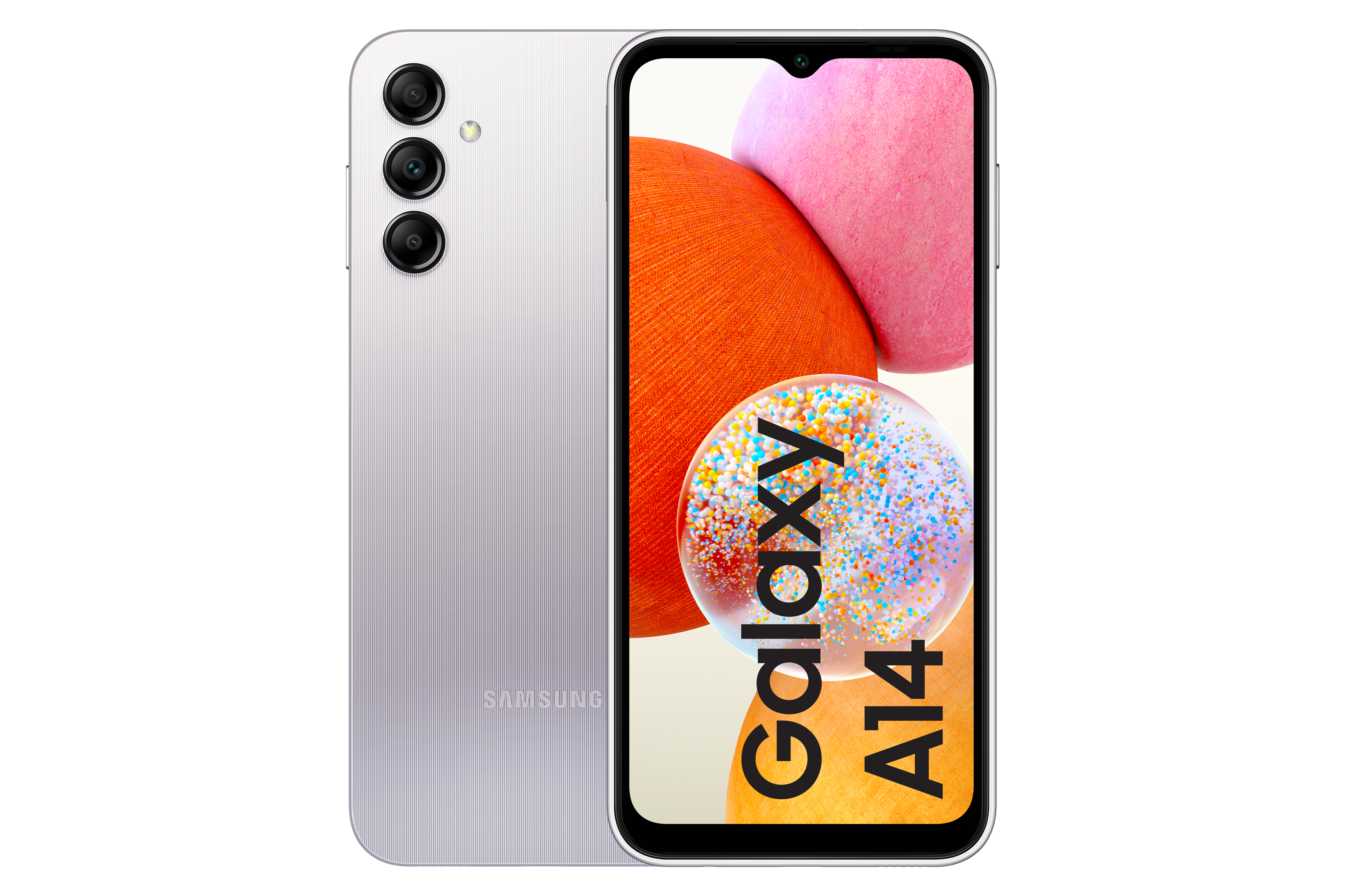 Biały i srebrny Samsung Galaxy A14. Tył pokazuje aparaty. Wyświetlacz pokazuje tekst.