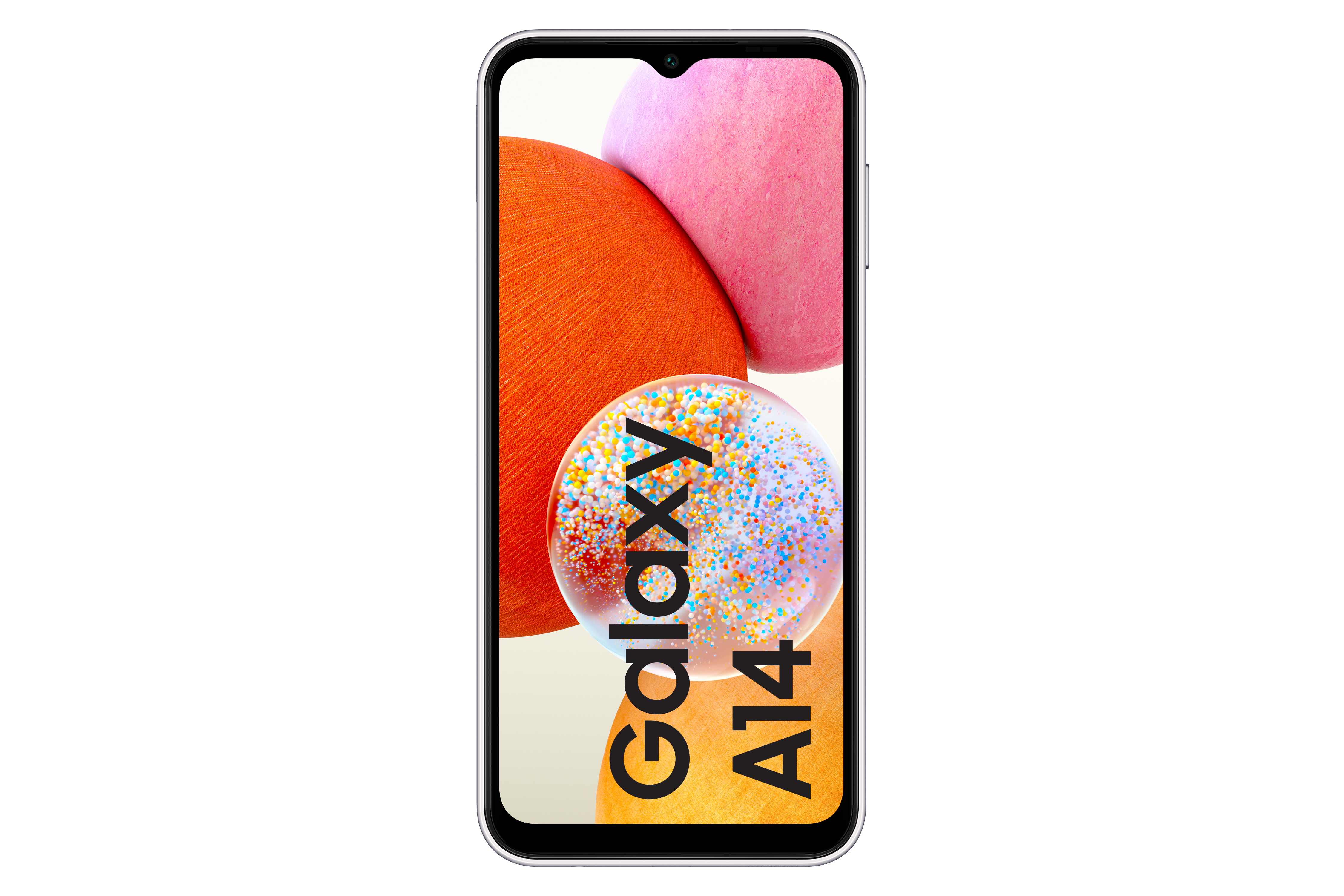 Smartfon z białą ramką i wyświetlaczem pokazującym kolorowe kształty oraz tekst: Galaxy A14.