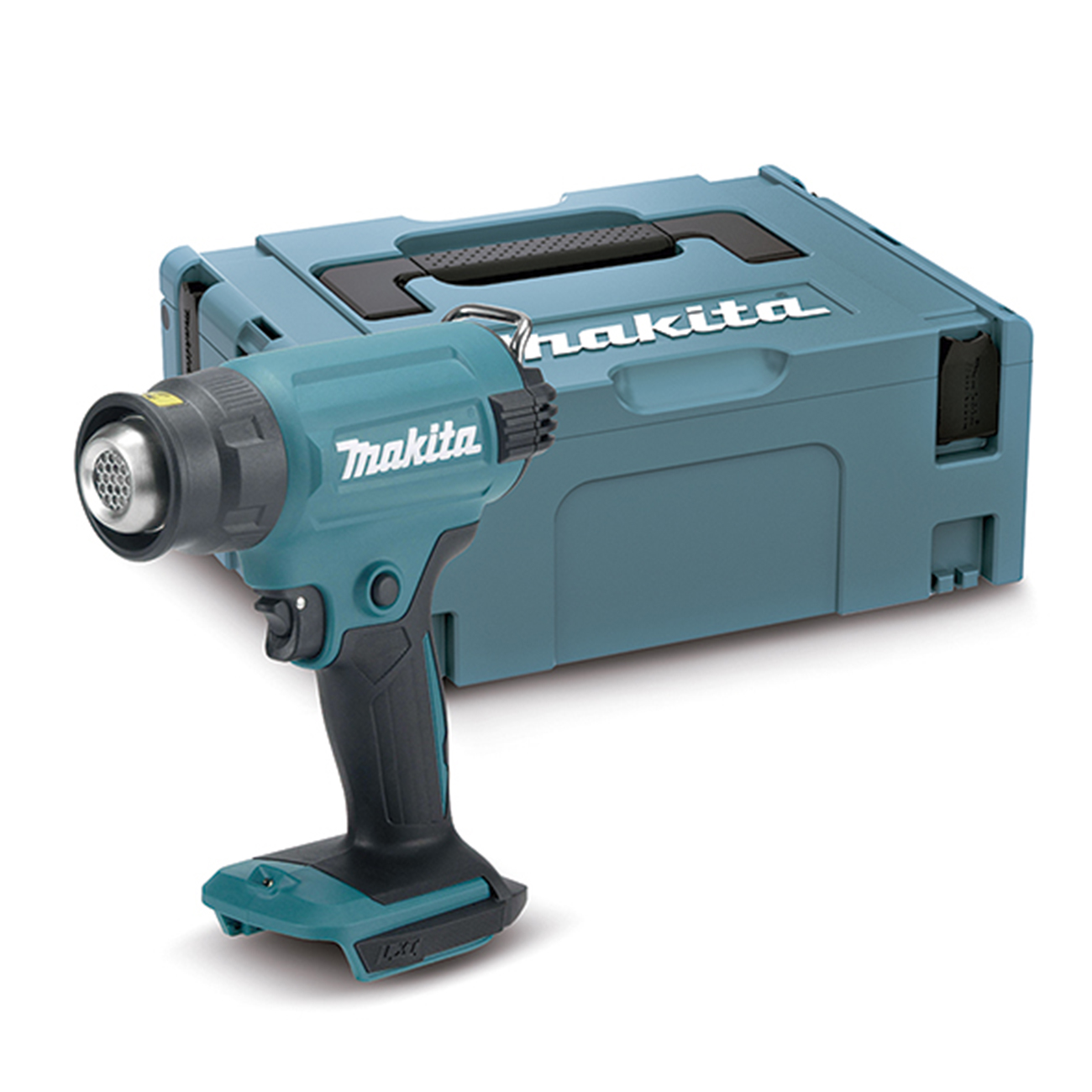 Pistola termica Makita verde acqua con manico nero e custodia abbinata su sfondo bianco.