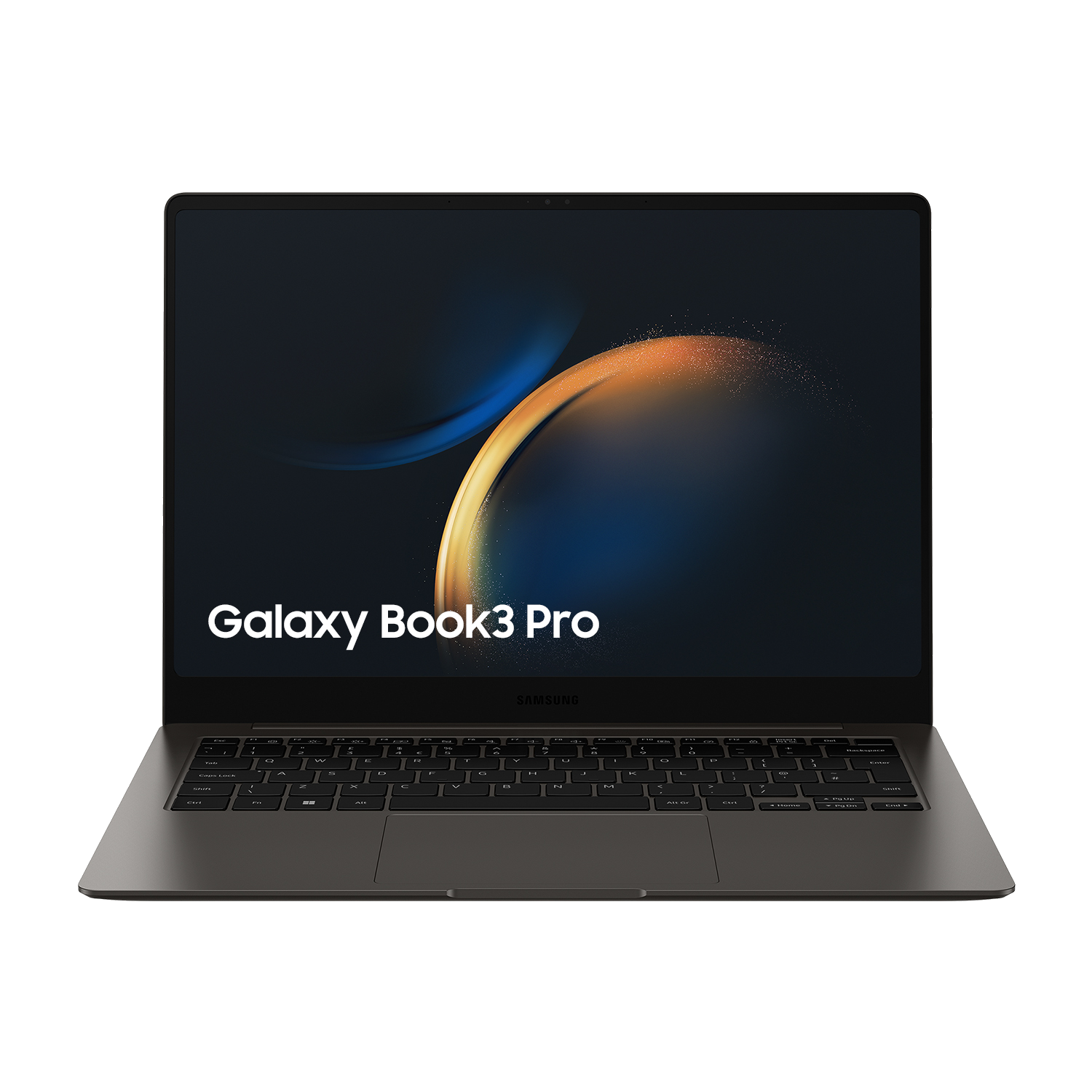 Un portátil con pantalla negra y marco plateado. La marca es Samsung, el modelo es Galaxy Book3 Pro.