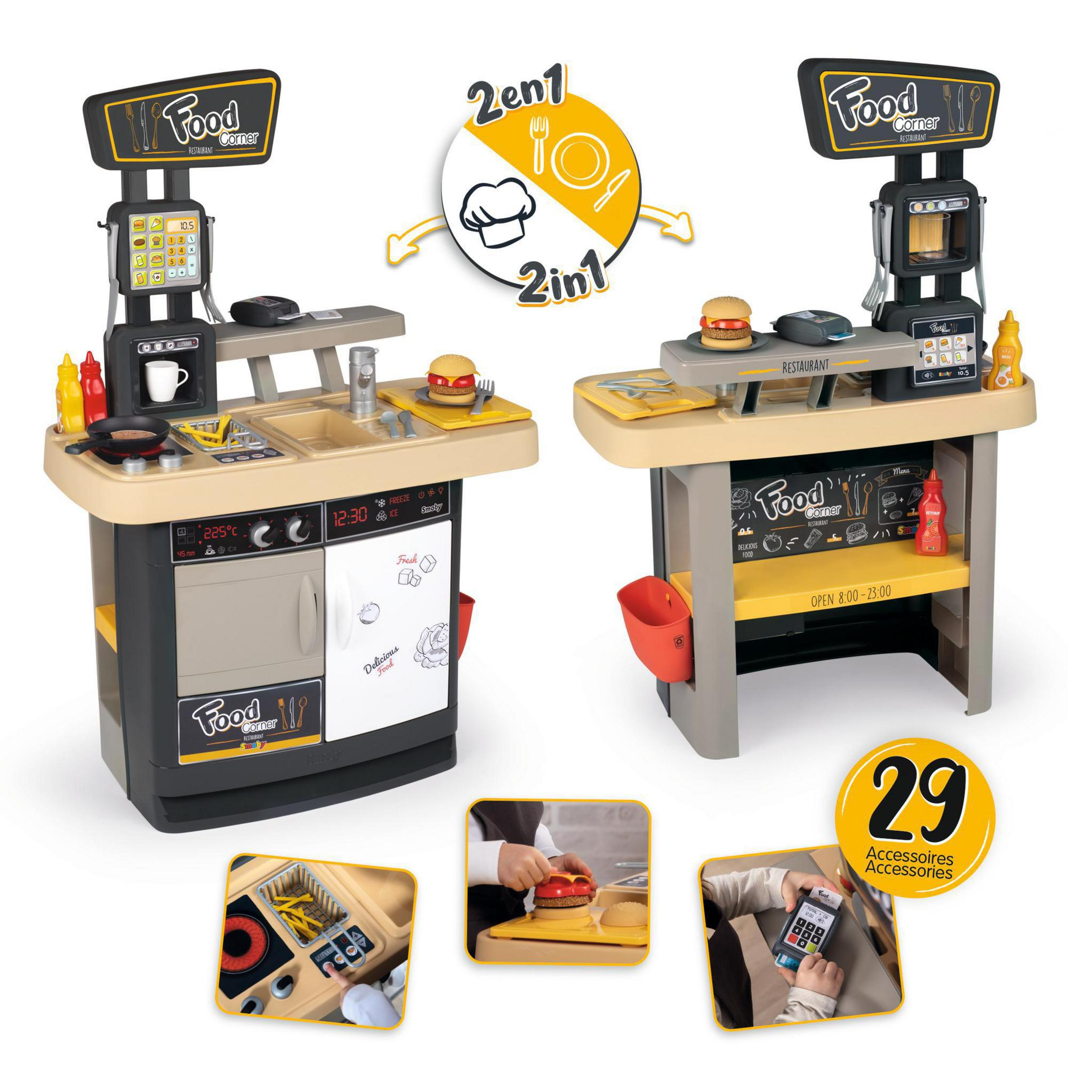 Dwa zestawy zabawek z kącikiem gastronomicznym. Jeden ma kuchenkę mikrofalową, drugi frytownicę. Zawiera 29 akcesoriów.