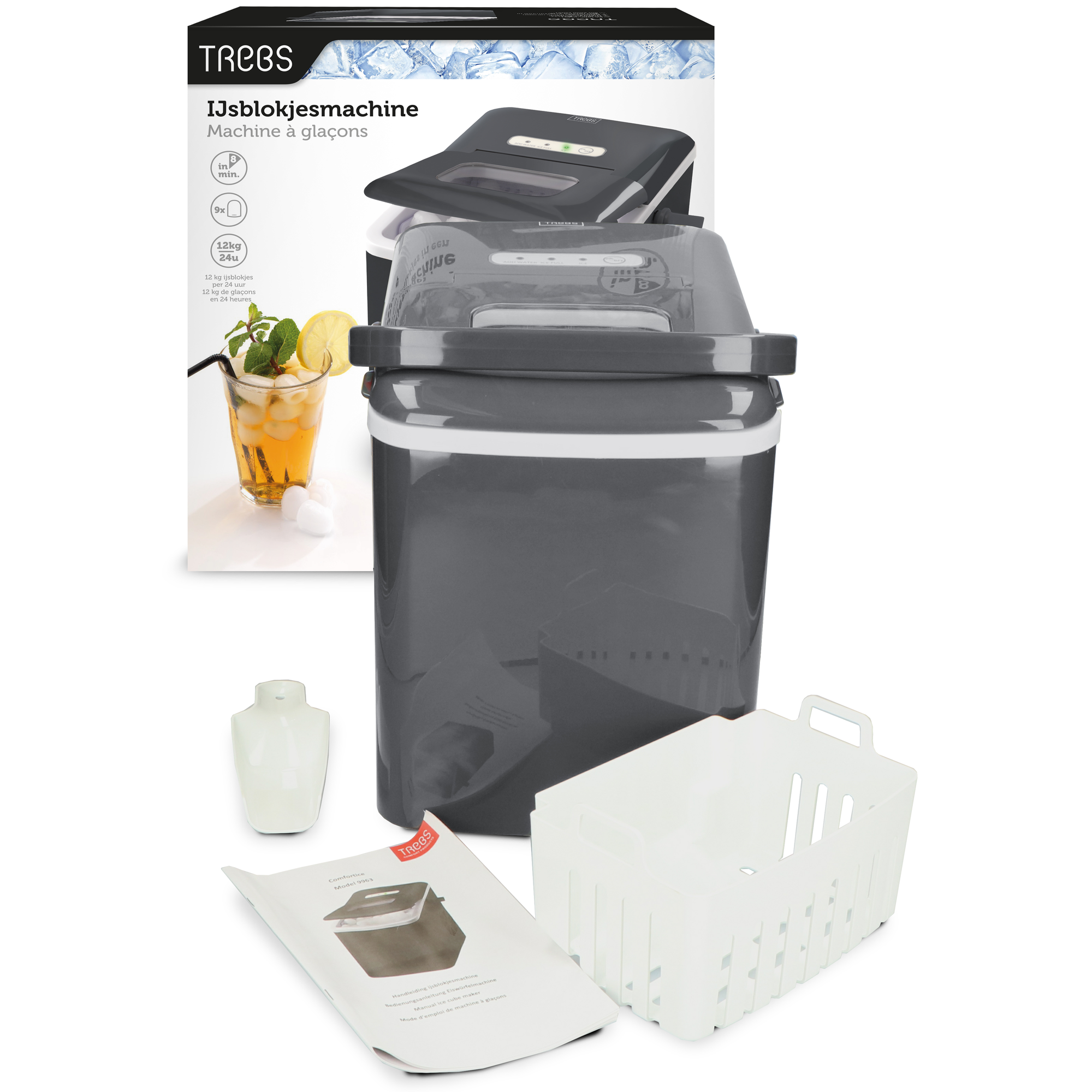 Eismaschine mit Box und Komponenten: Eismaschine, Flasche, Eisbehälter, Anweisungen. Grau-weißes Farbschema.