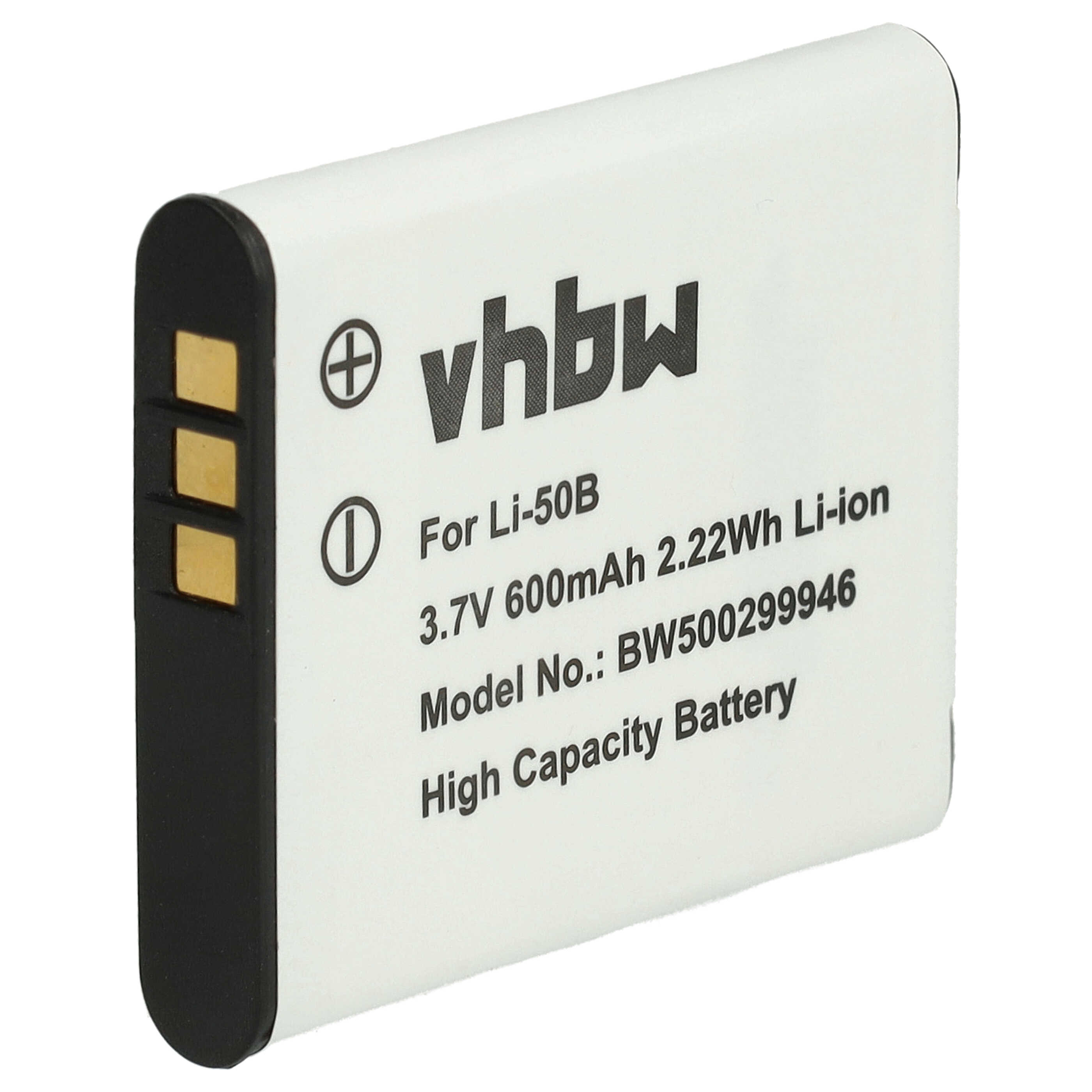 Eine weiße Batterie mit schwarzen Kanten und Text. Es hat ein positives Symbol und Text, einschließlich '3,7 V 600 mAh'.