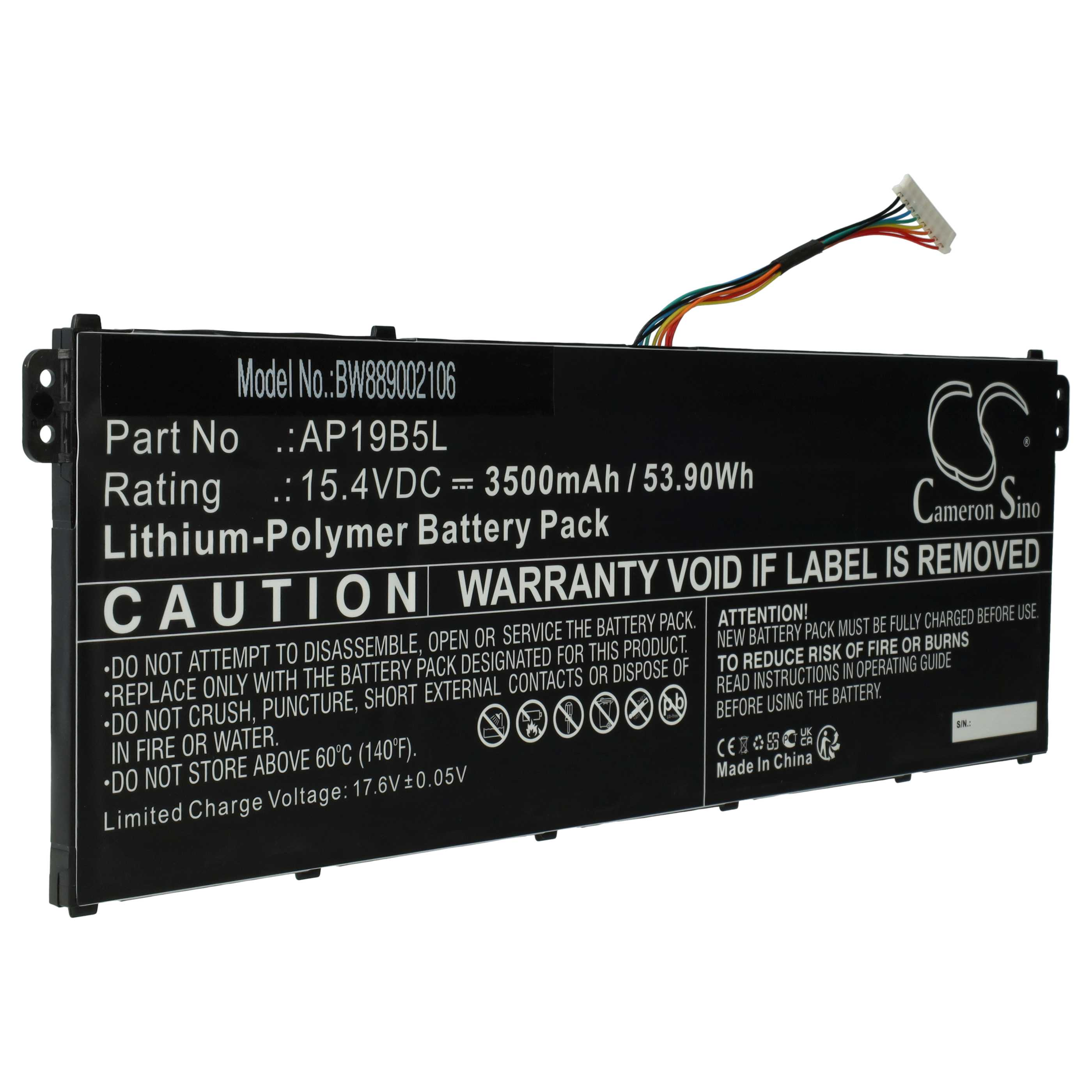 Ein schwarzer Laptop-Akku mit Etiketten, darunter 'Lithium-Polymer Battery Pack' und Sicherheitshinweise.