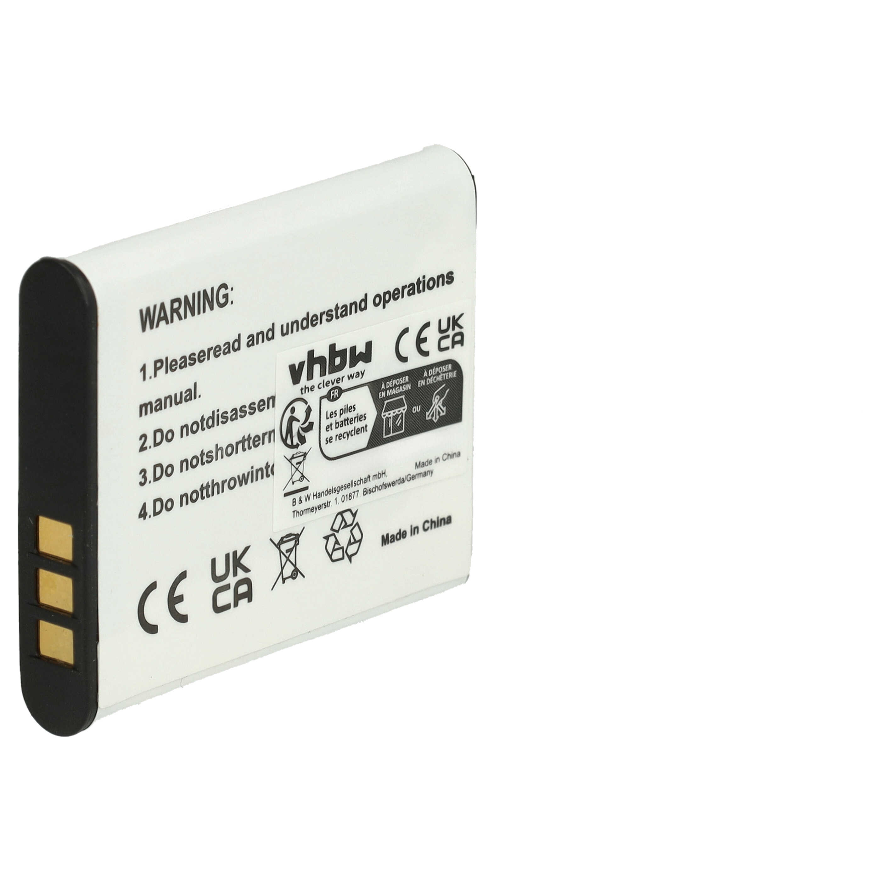 Eine weiße Batterie mit Warnhinweisen und Symbolen, beschriftet mit 'vhbw' und CE, UK CA.