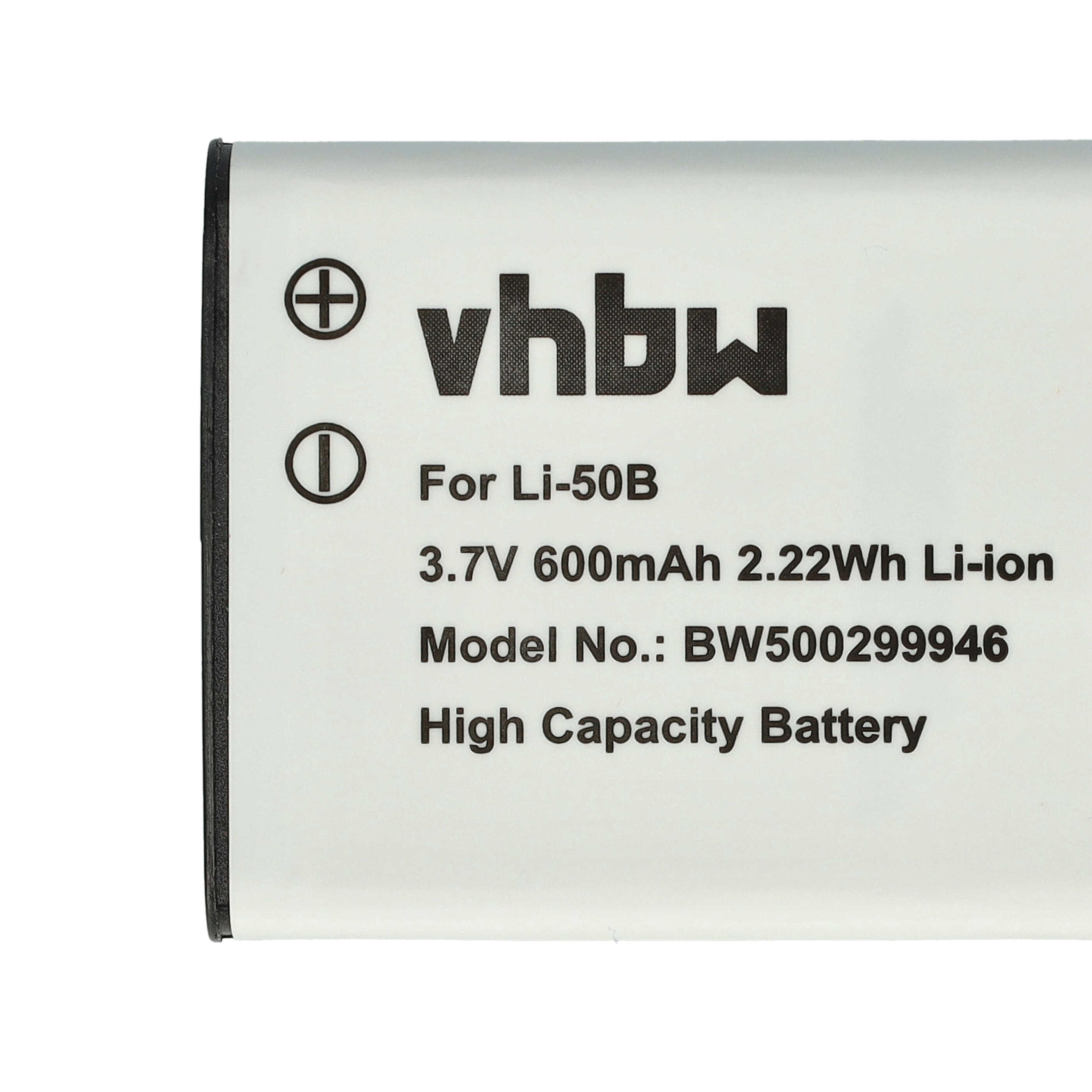Eine weiße Batterie mit schwarzem Text, darunter "vhbw", "For Li-50B" und technische Details.
