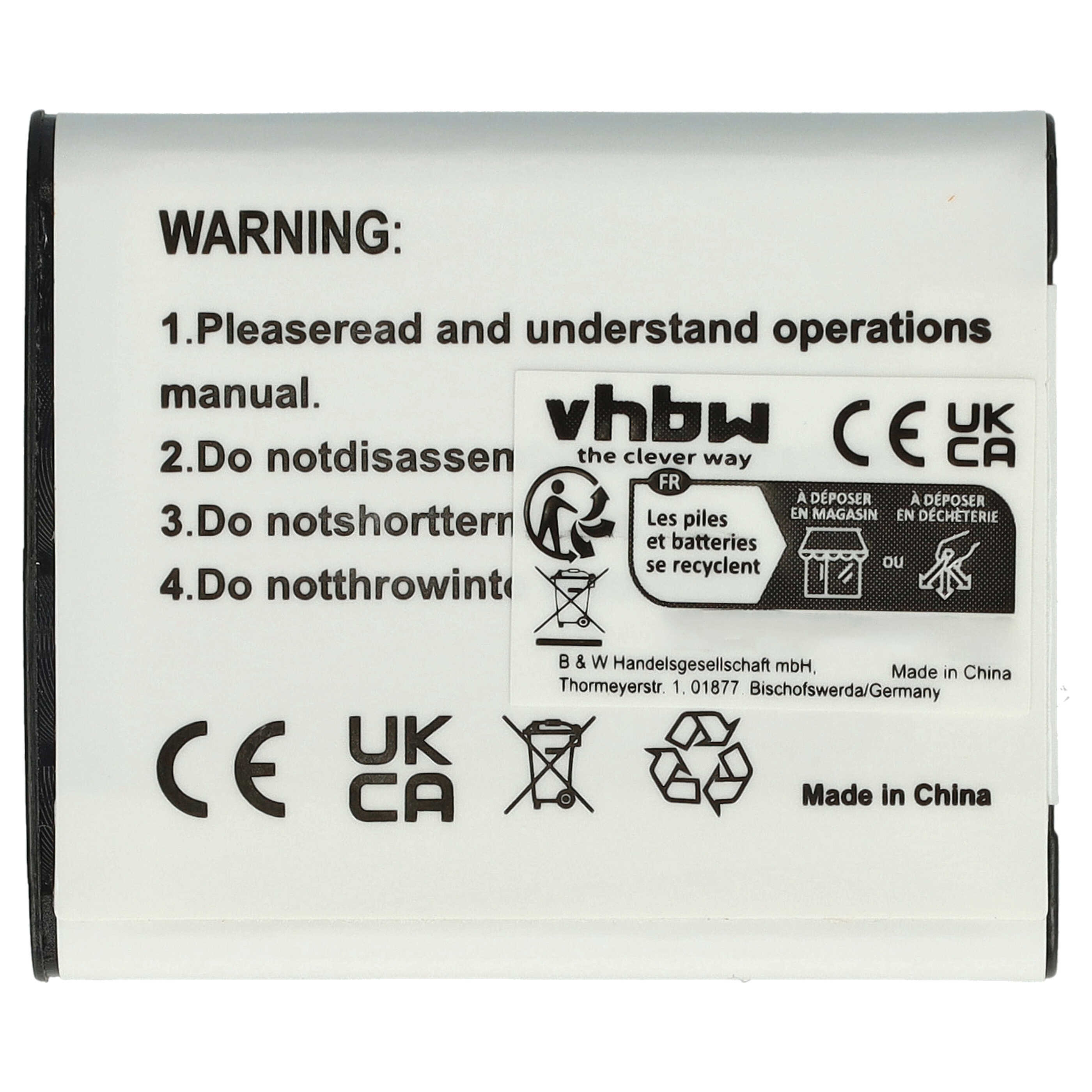 Weißes Batteriepack mit Warntext, Recycling-Symbolen und Herstellungsinformationen.