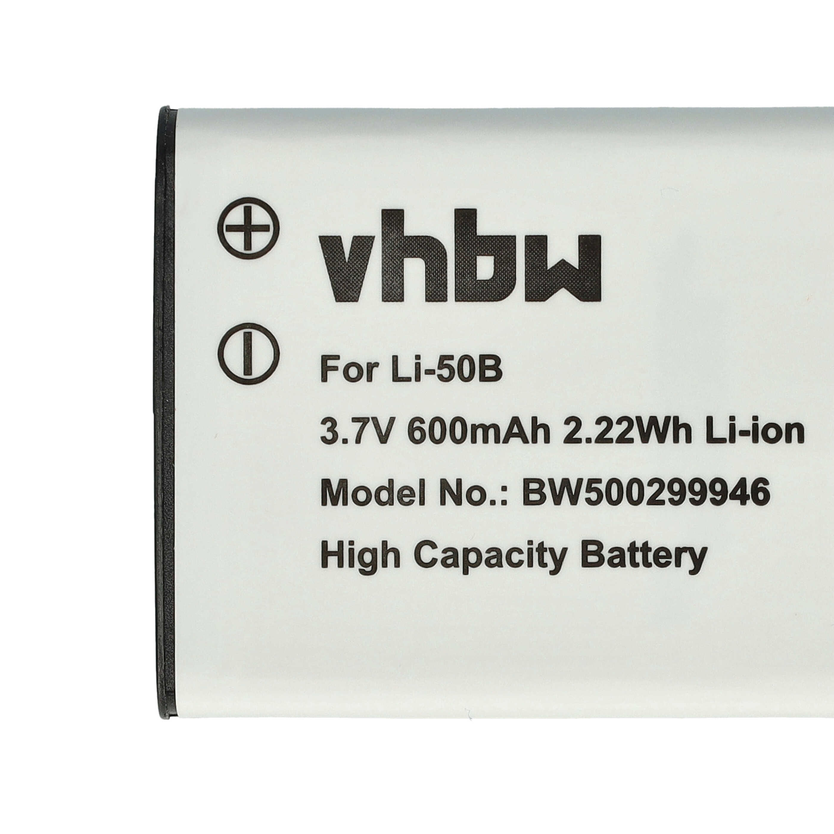 Eine weiße Batterie mit schwarzem Text. Sie hat ein Plus- und Minuszeichen. Der Text enthält 'vhbw' und 'For Li-50B'.