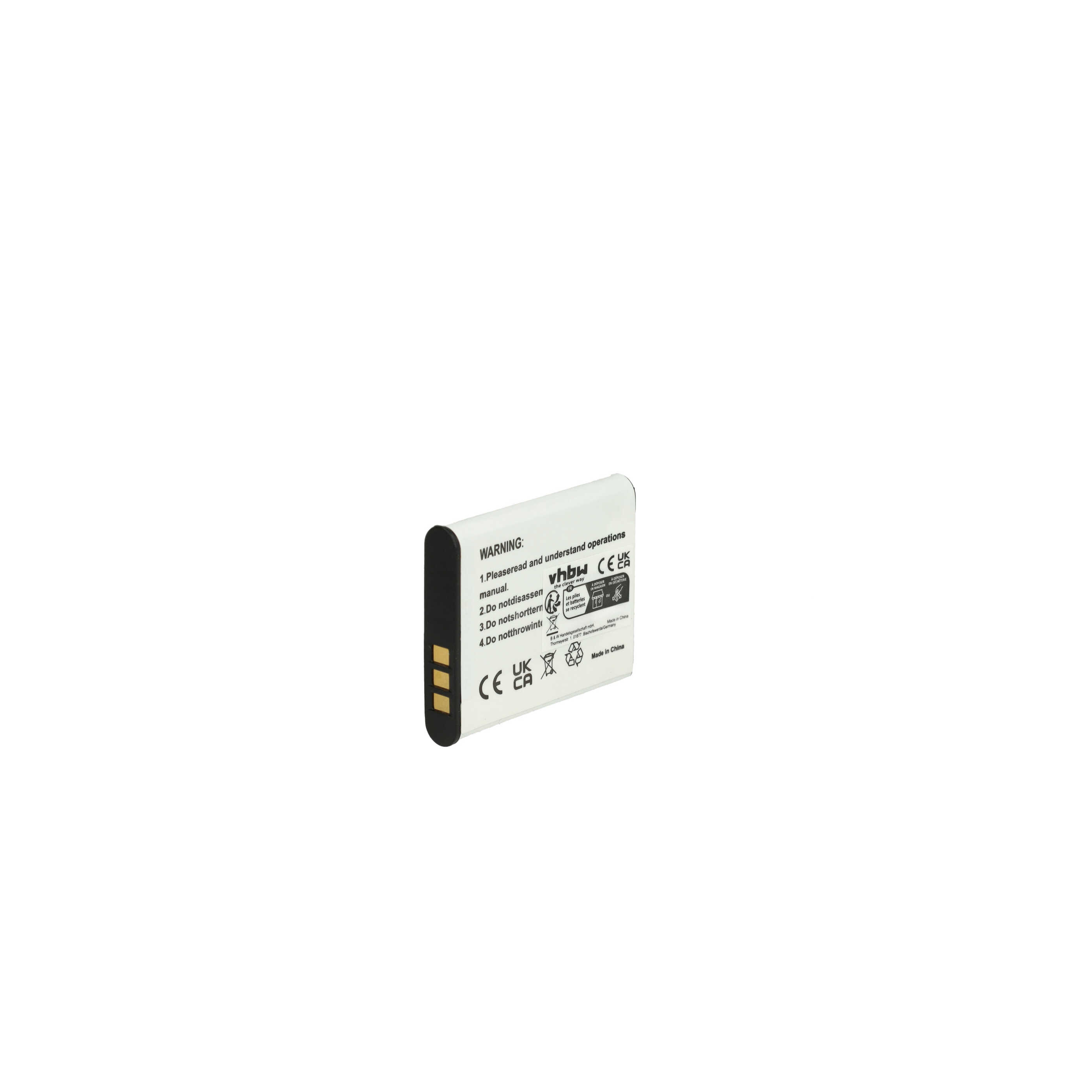 Ein weißes Batterieetikett mit Text und Symbolen vor weißem Hintergrund. Es ist eine Batterie.