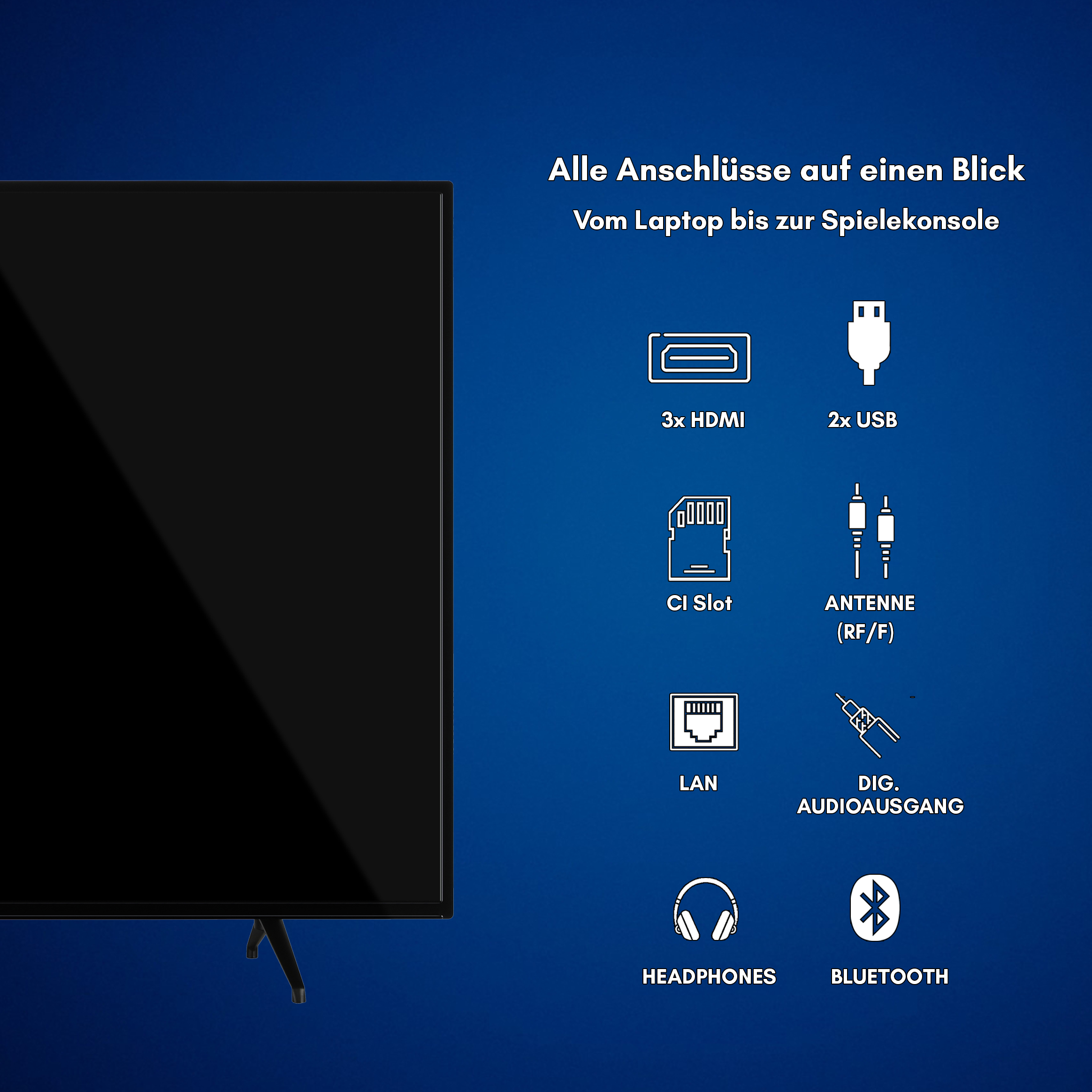 Fernseher mit schwarzem Bildschirm und Konnektorsymbolen auf blauem Hintergrund.