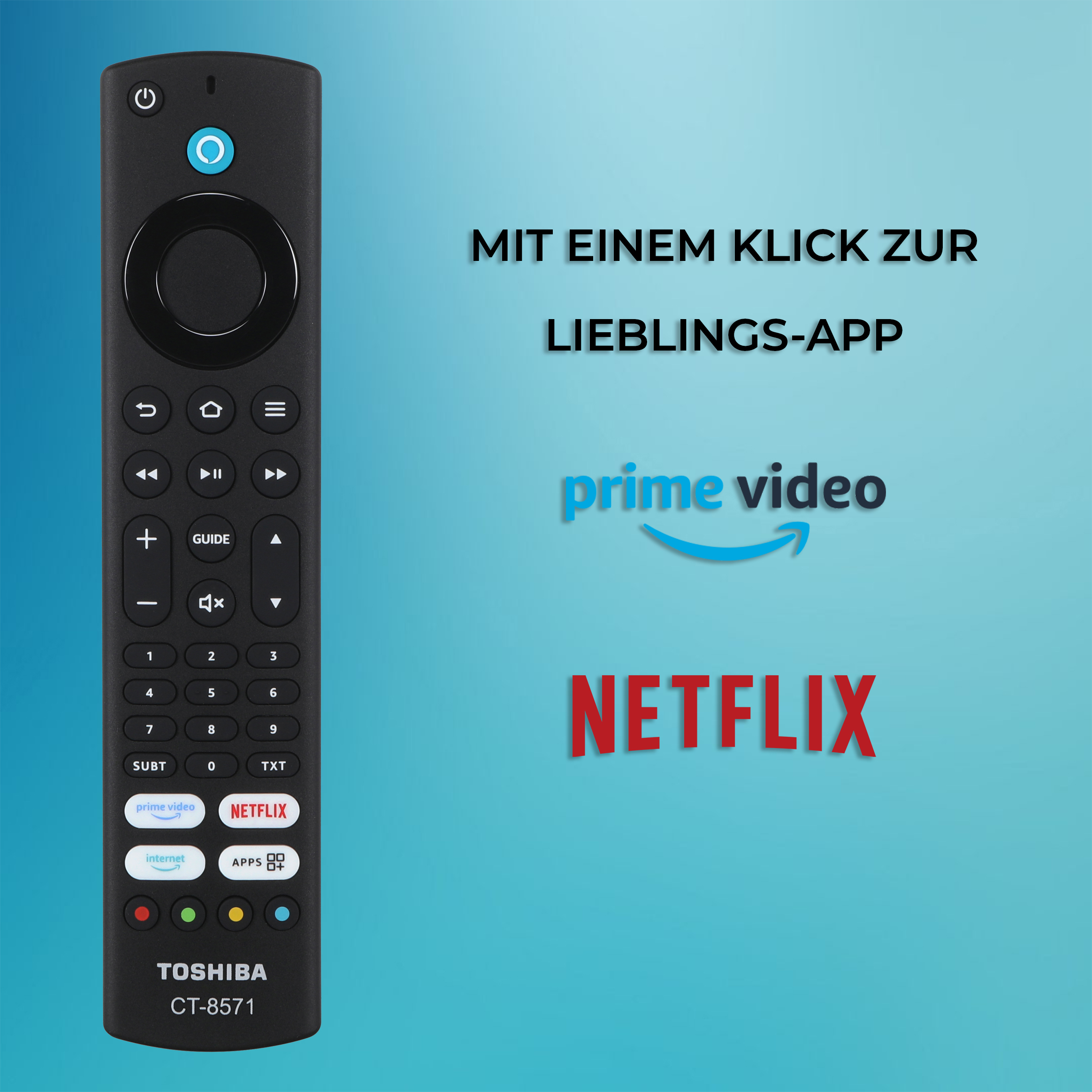 Toshiba Fernbedienung mit Prime Video und Netflix Tasten.