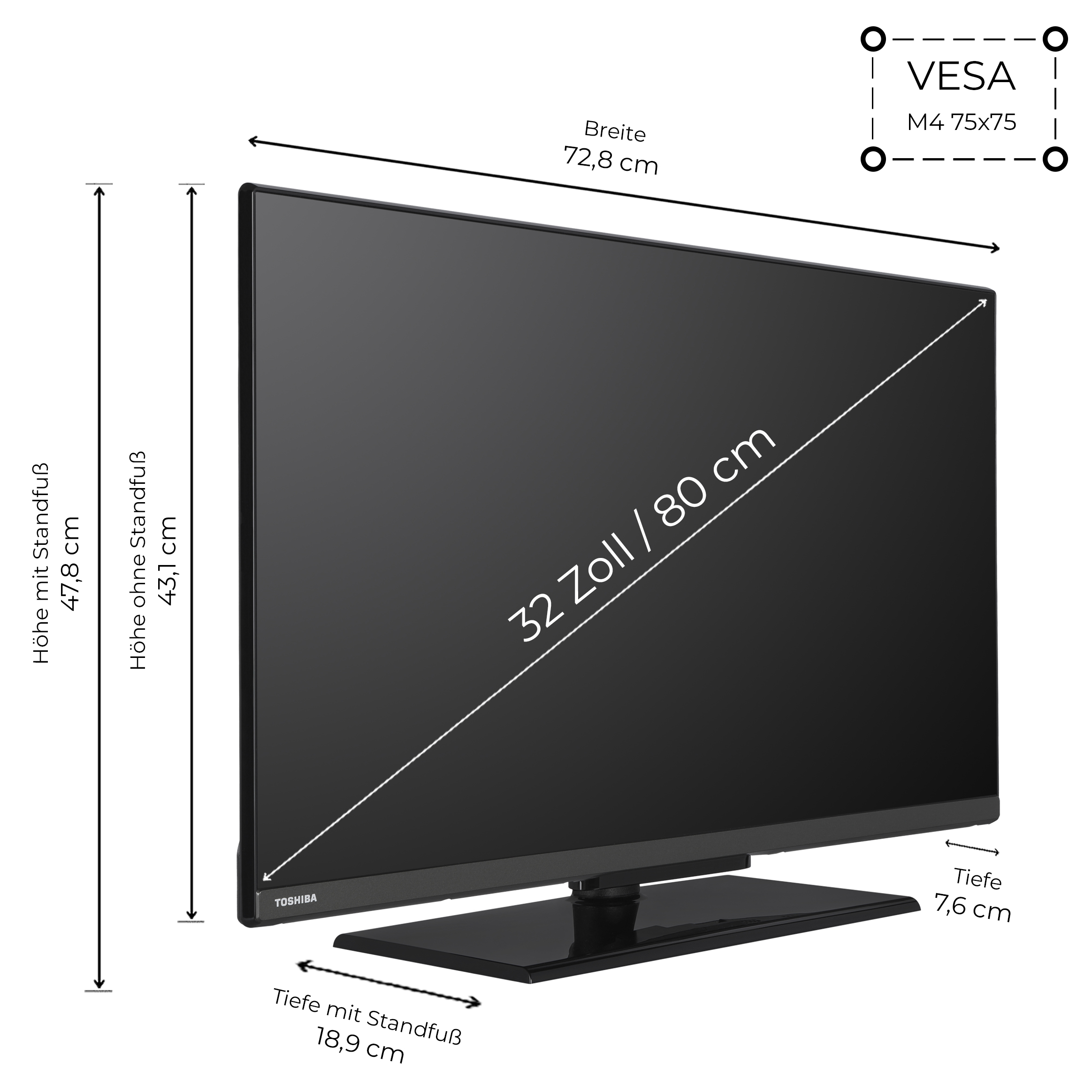Schwarzer Toshiba Fernseher mit Maßen, schwarzer Standfuß, weißer Hintergrund.