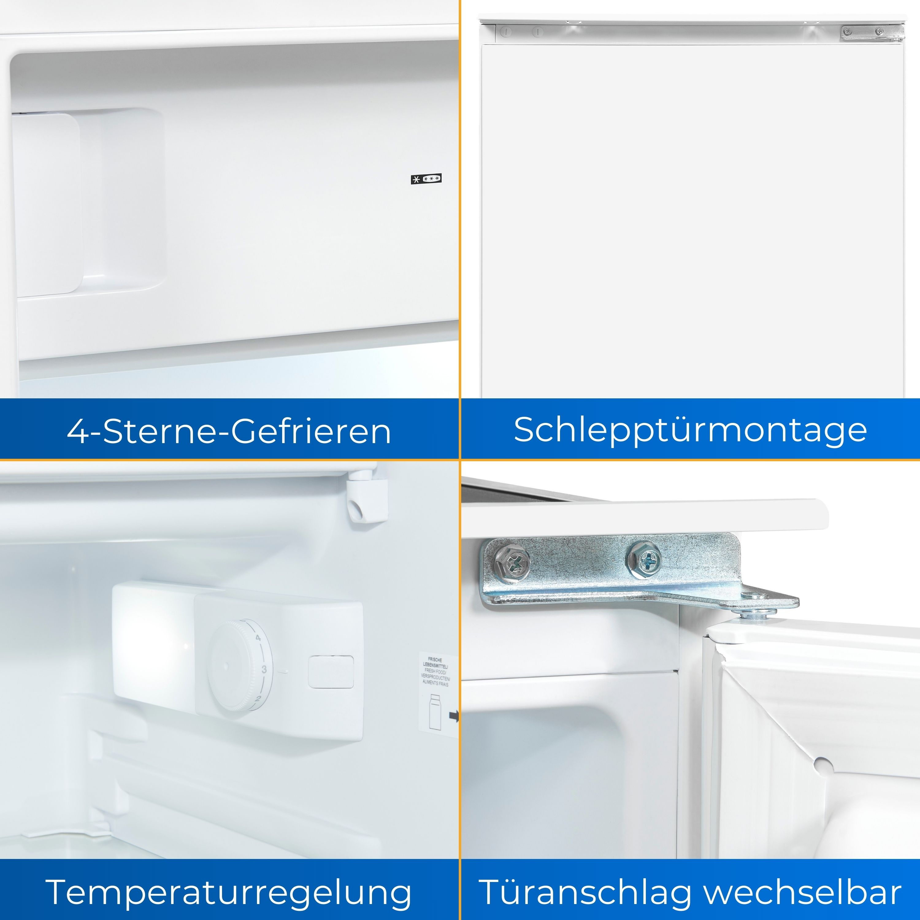 Nahaufnahmen eines weißen Kühlschranks, die Funktionen und Etiketten auf Deutsch zeigen.