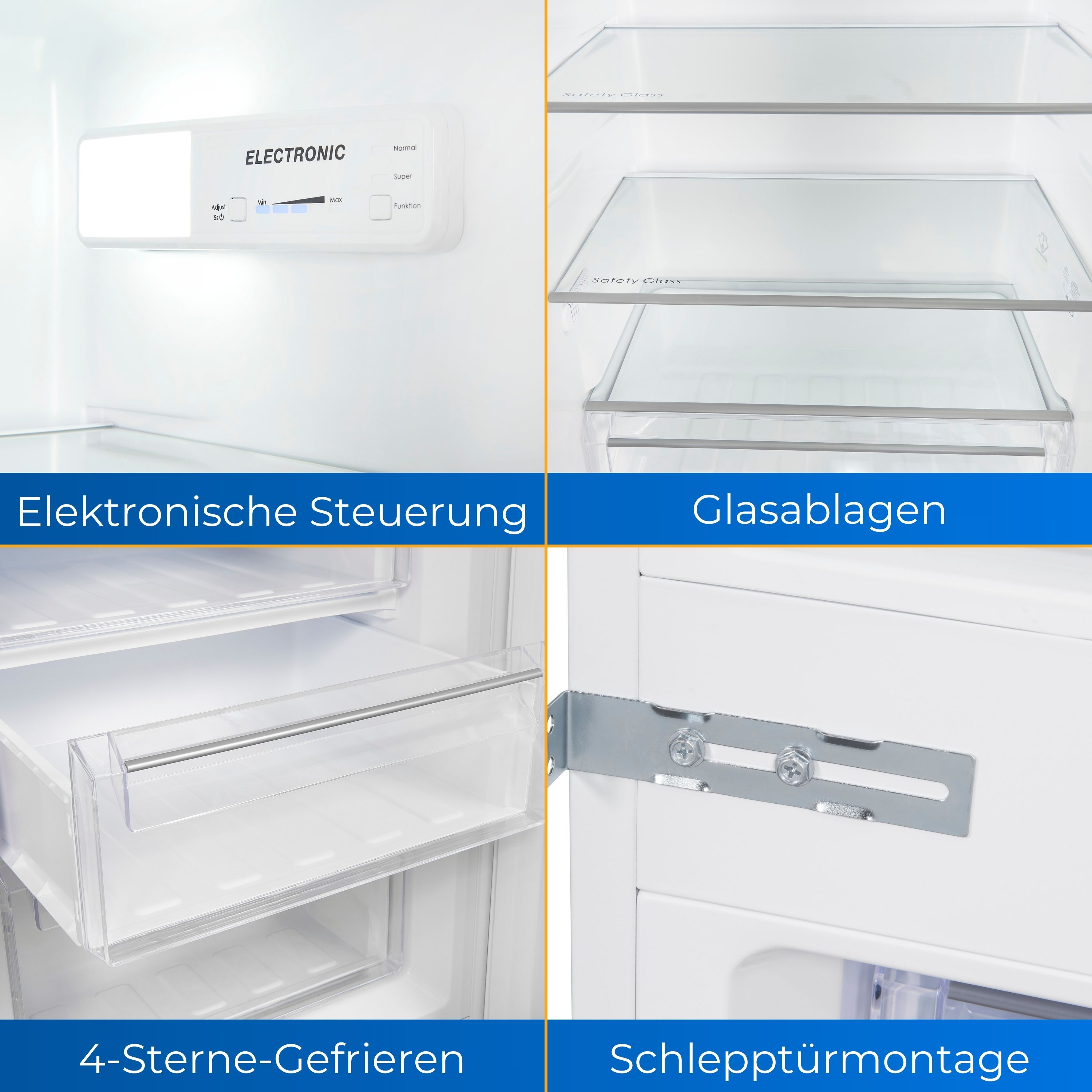 Kühlschrankinnenraum mit elektronischer Steuerung, Glasböden, Schubladen und Türscharnieren.