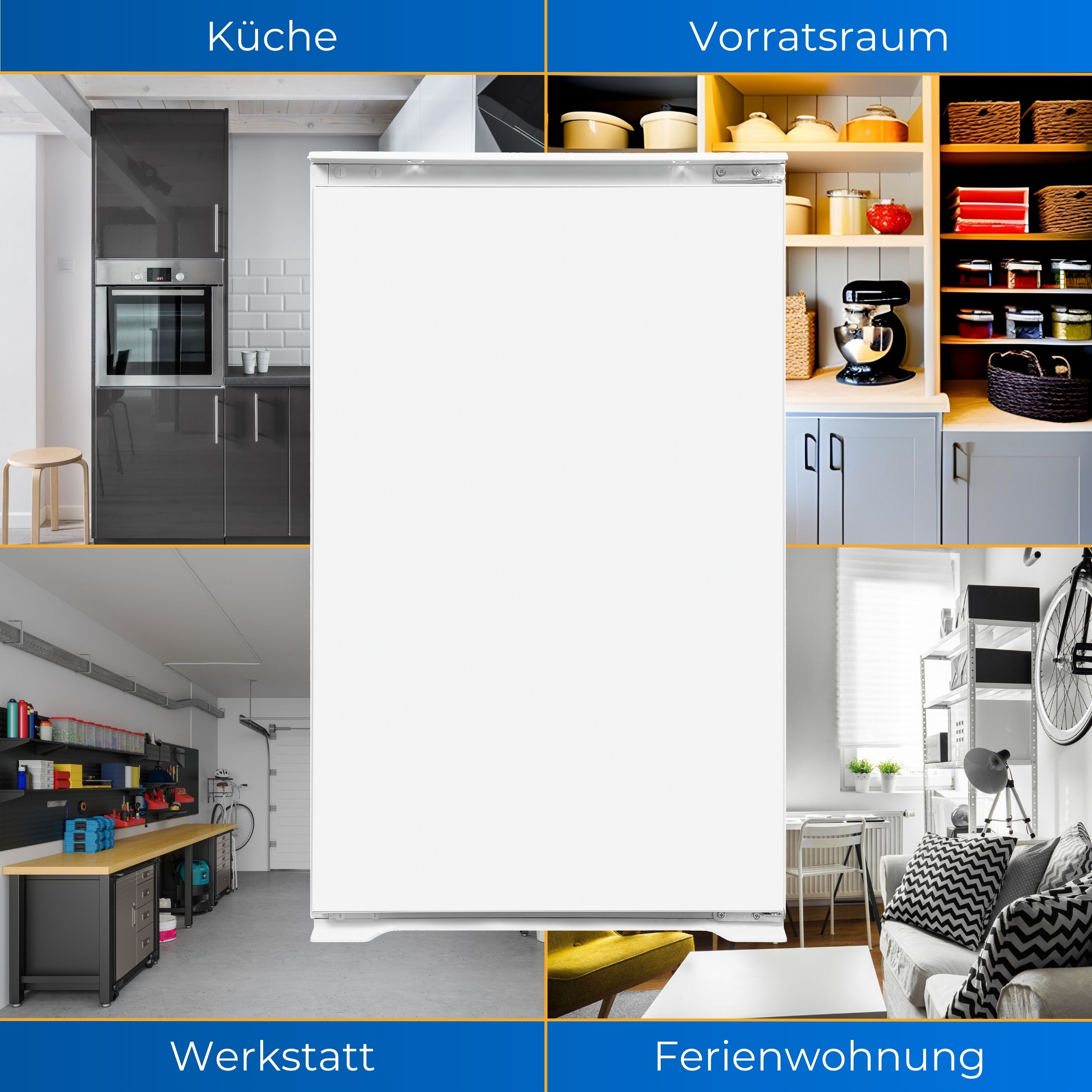 Küchen-, Vorrats-, Werkstatt- und Ferienhaus-Szenen um einen weißen Kühlschrank herum.