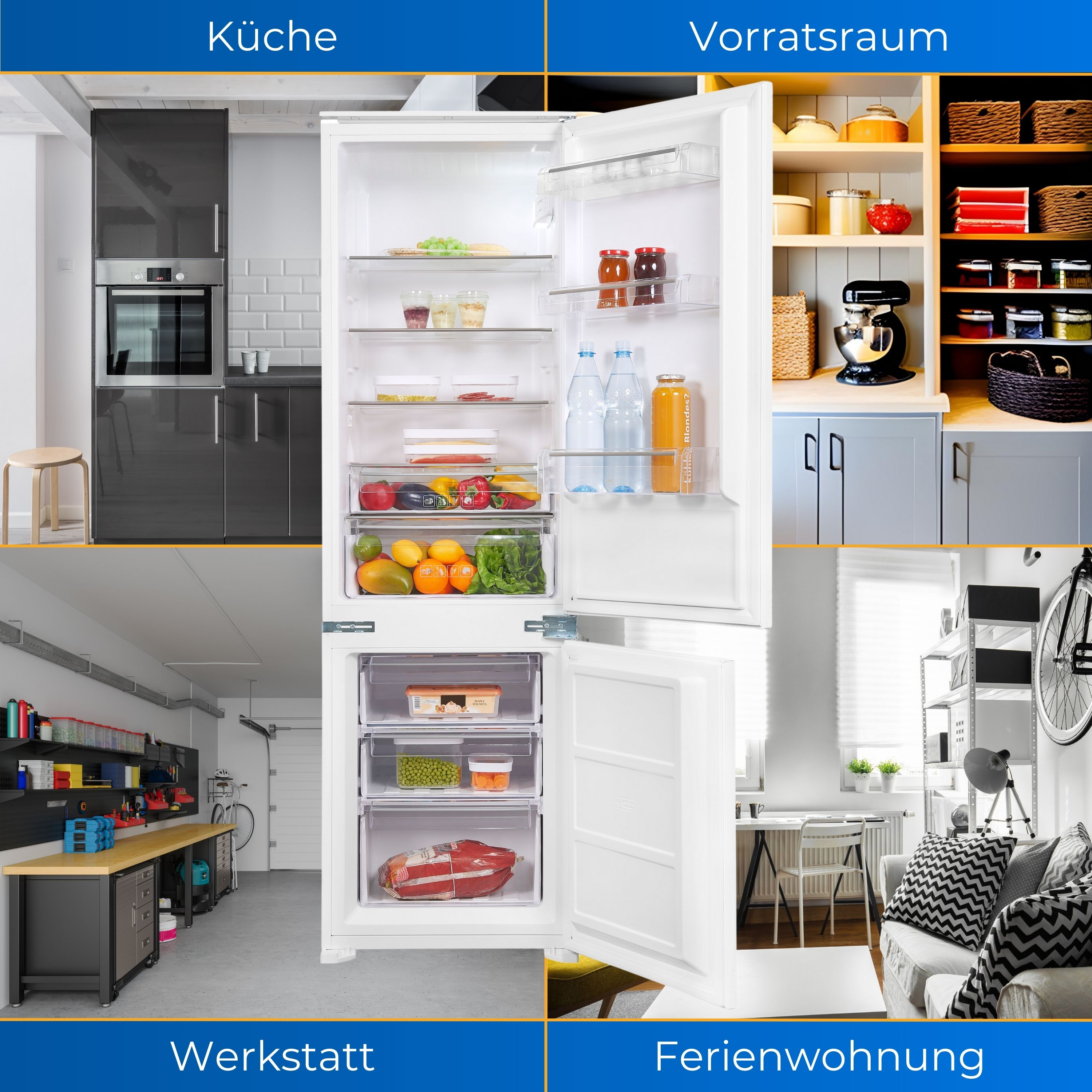 Collage aus Küche, Speisekammer, Werkstatt und Wohnung. Jeder Raum ist gut beleuchtet und organisiert.