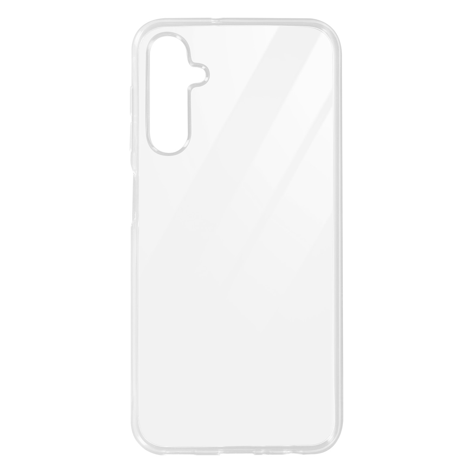 Custodia trasparente per telefono. Trasparente e adatta a un telefono. Design semplice. Sfondo bianco.