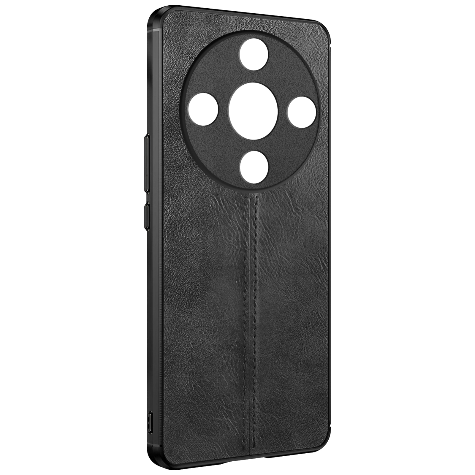 Custodia per telefono nera con texture in pelle, l'intaglio della fotocamera è visibile.