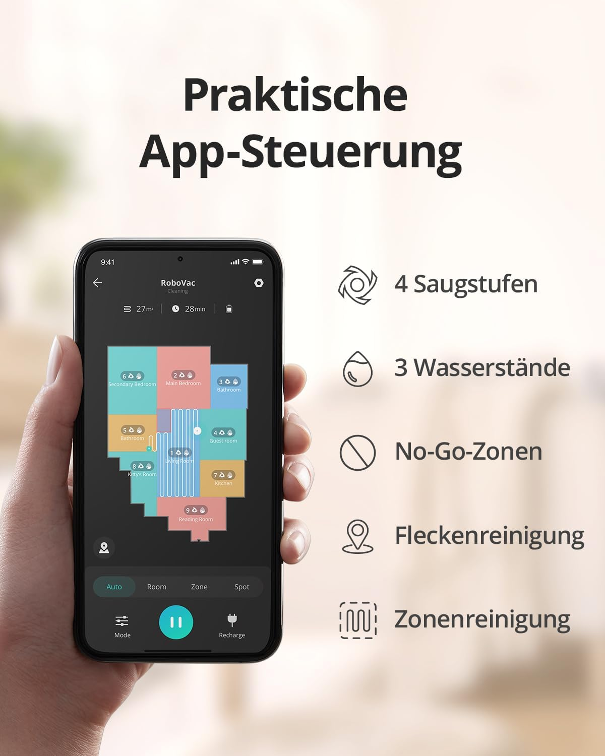Ręka trzymająca smartfon z mapą domu i opcjami sprzątania.