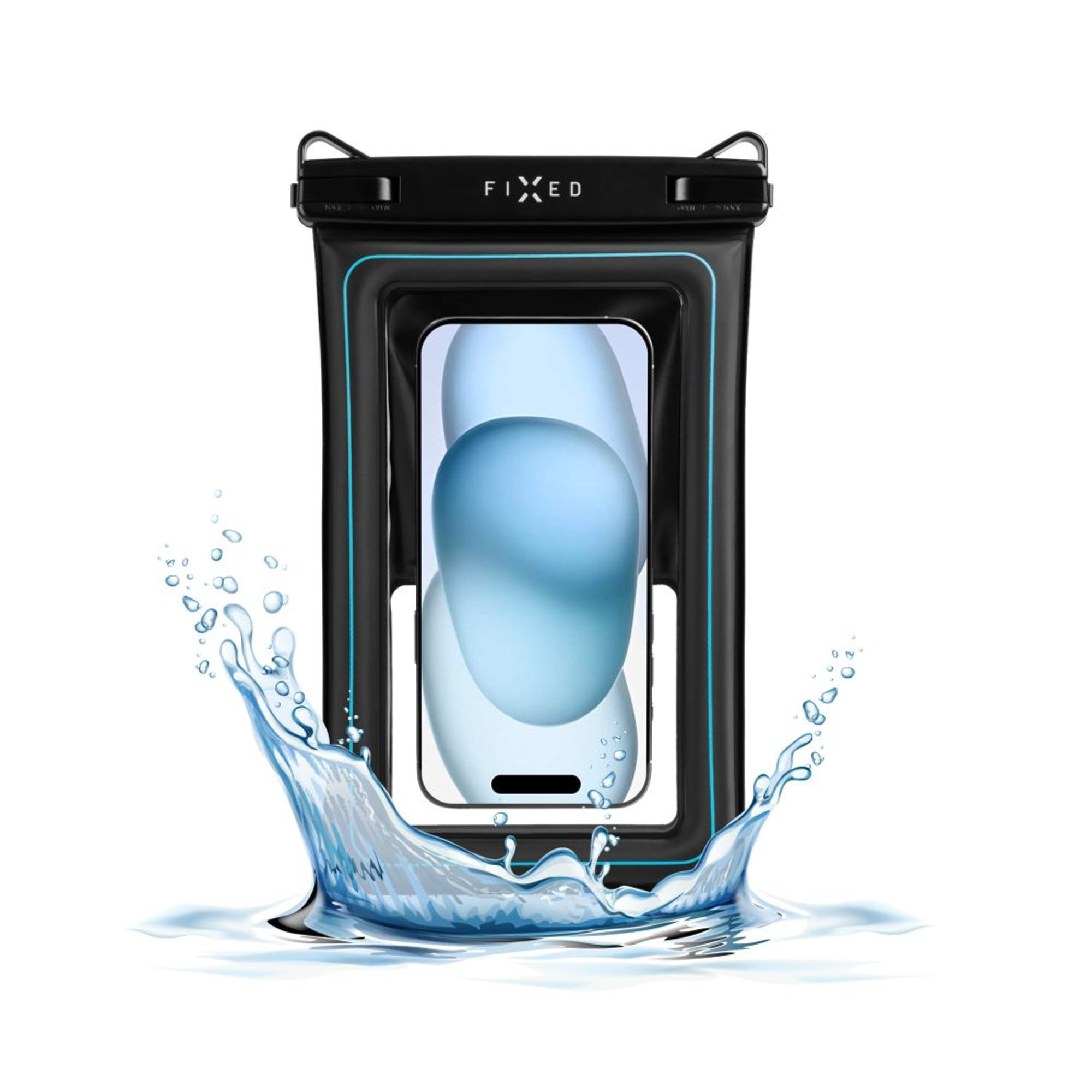 Wasserdichte Handyhülle mit Telefon, umgeben von Wasserspritzern vor weißem Hintergrund.