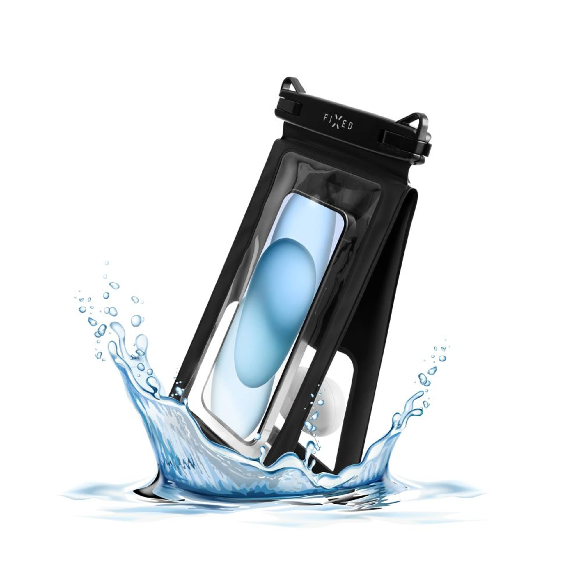 Schwarze wasserdichte Telefontasche, mit Telefon darin, Wasserspritzer drumherum.