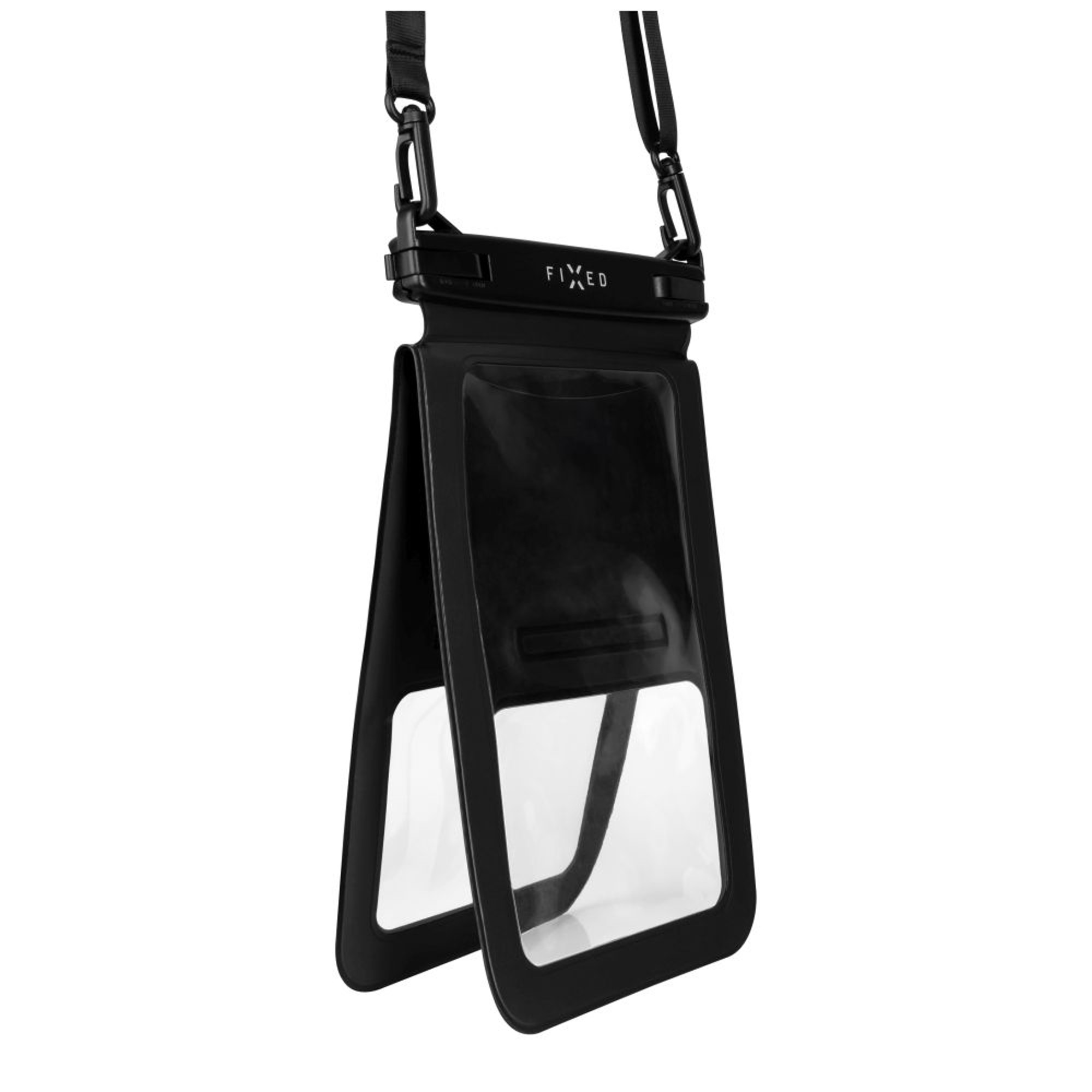 Schwarze wasserdichte Telefontasche, offen mit einem transparenten Fenster. Ein schwarzer Riemen hängt von oben.
