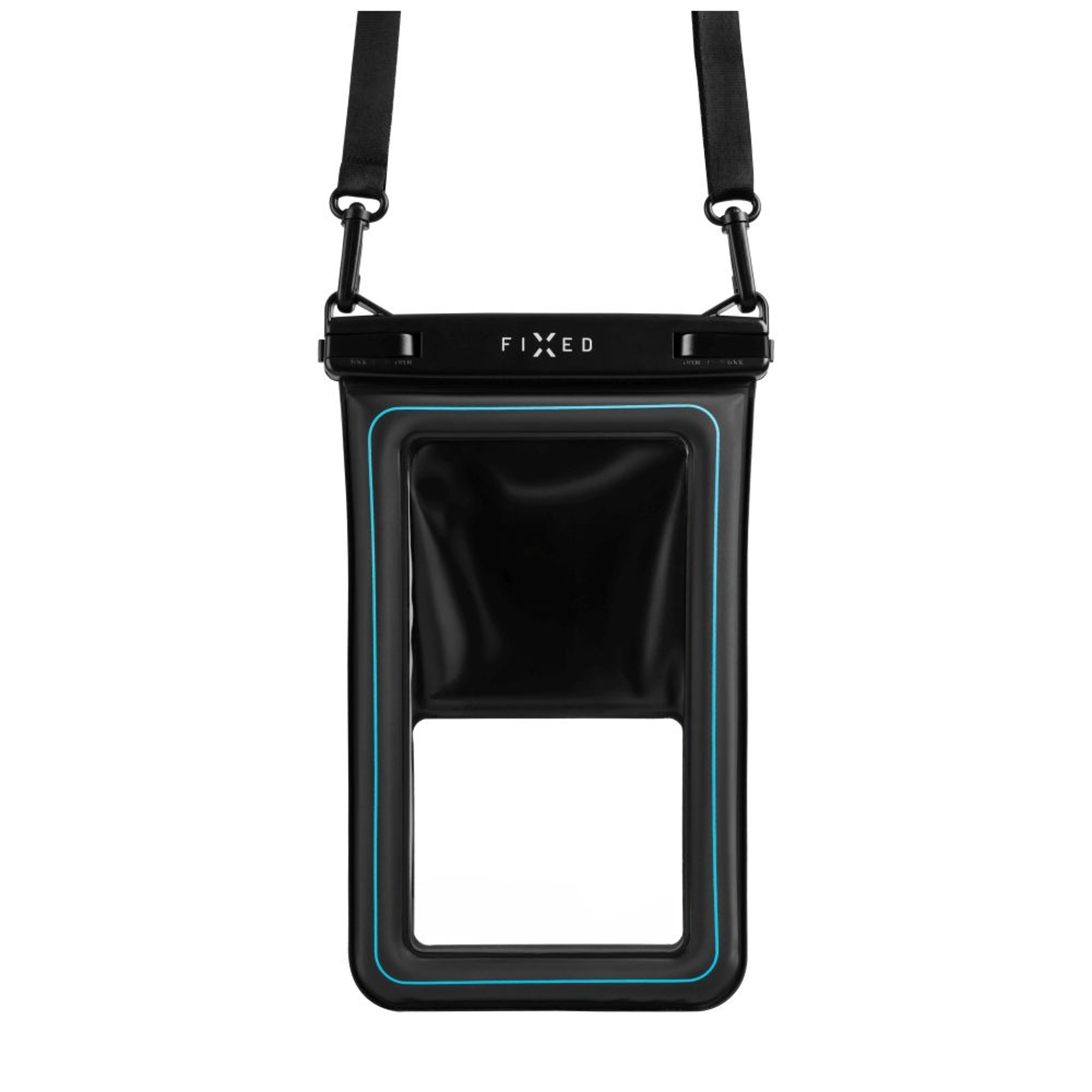 Schwarze wasserdichte Telefontasche mit blauem Umriss und Riemen.