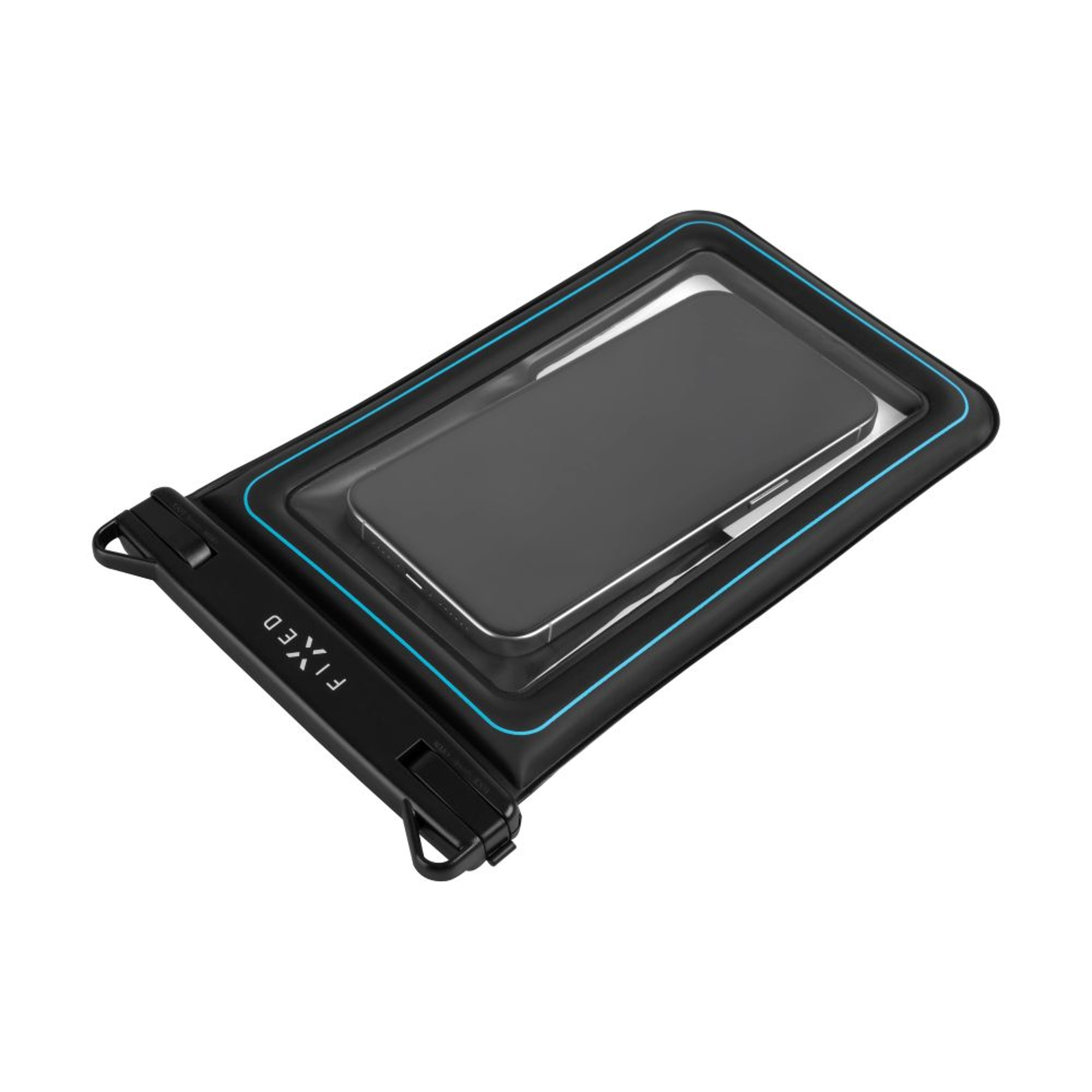 Eine schwarze, wasserdichte Handyhülle mit einem Telefon. Die Hülle hat eine blaue Dichtung und das Wort 'FIXED'.