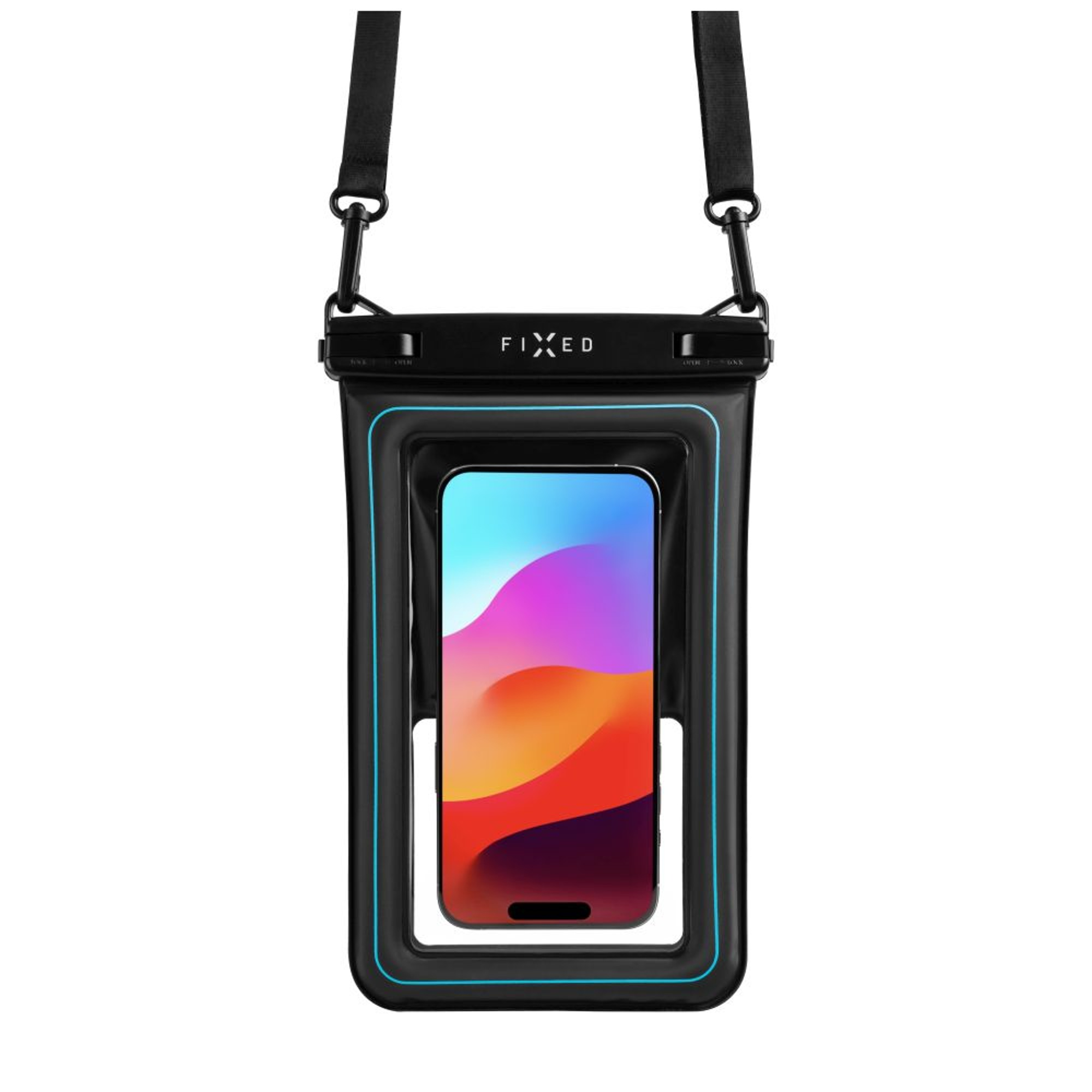 Schwarze wasserdichte Handyhülle mit Telefon. Mit Nackengurt und blauem Rand.
