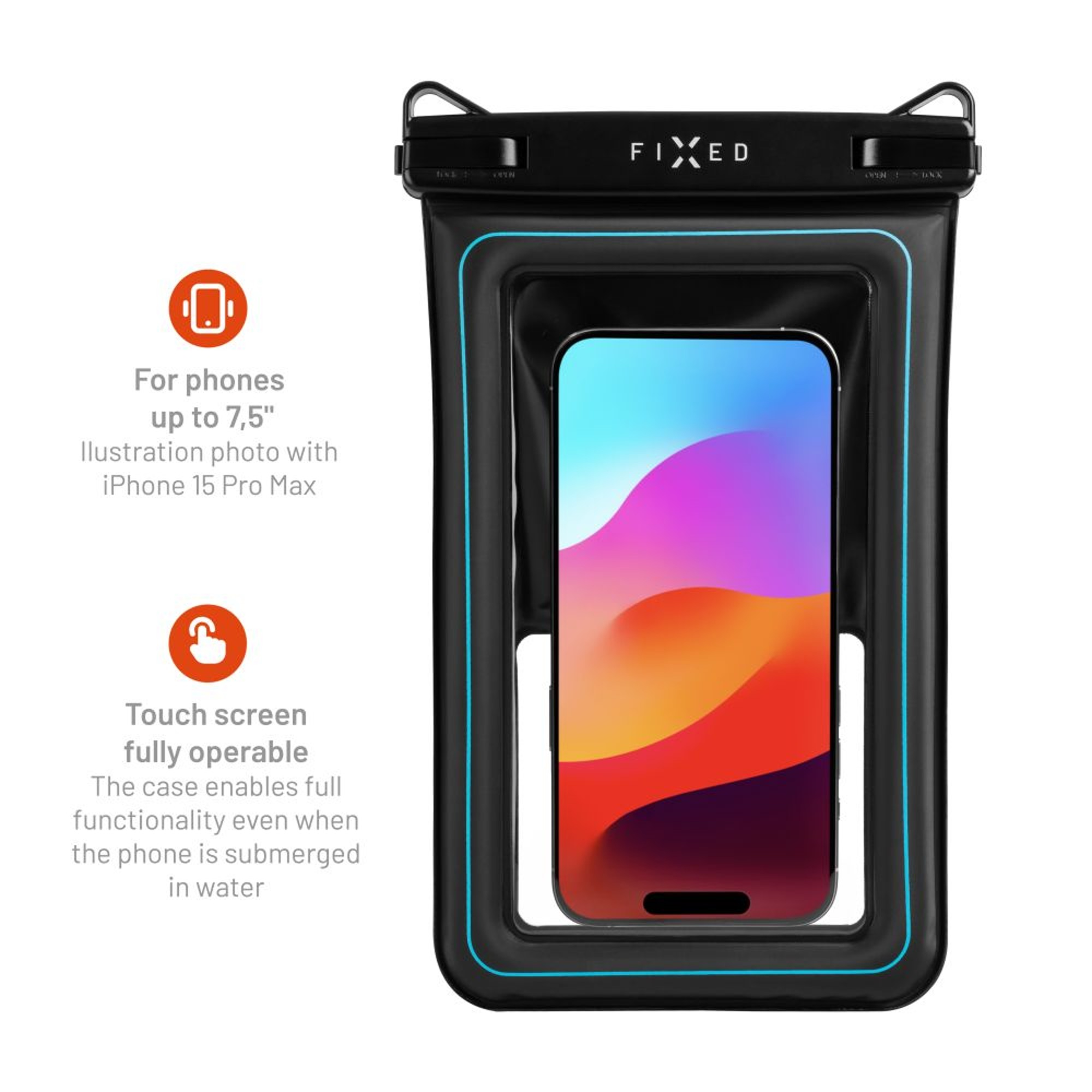Ein Telefon in einer wasserdichten Hülle mit Text, das zeigt, dass der Touchscreen voll funktionsfähig ist.