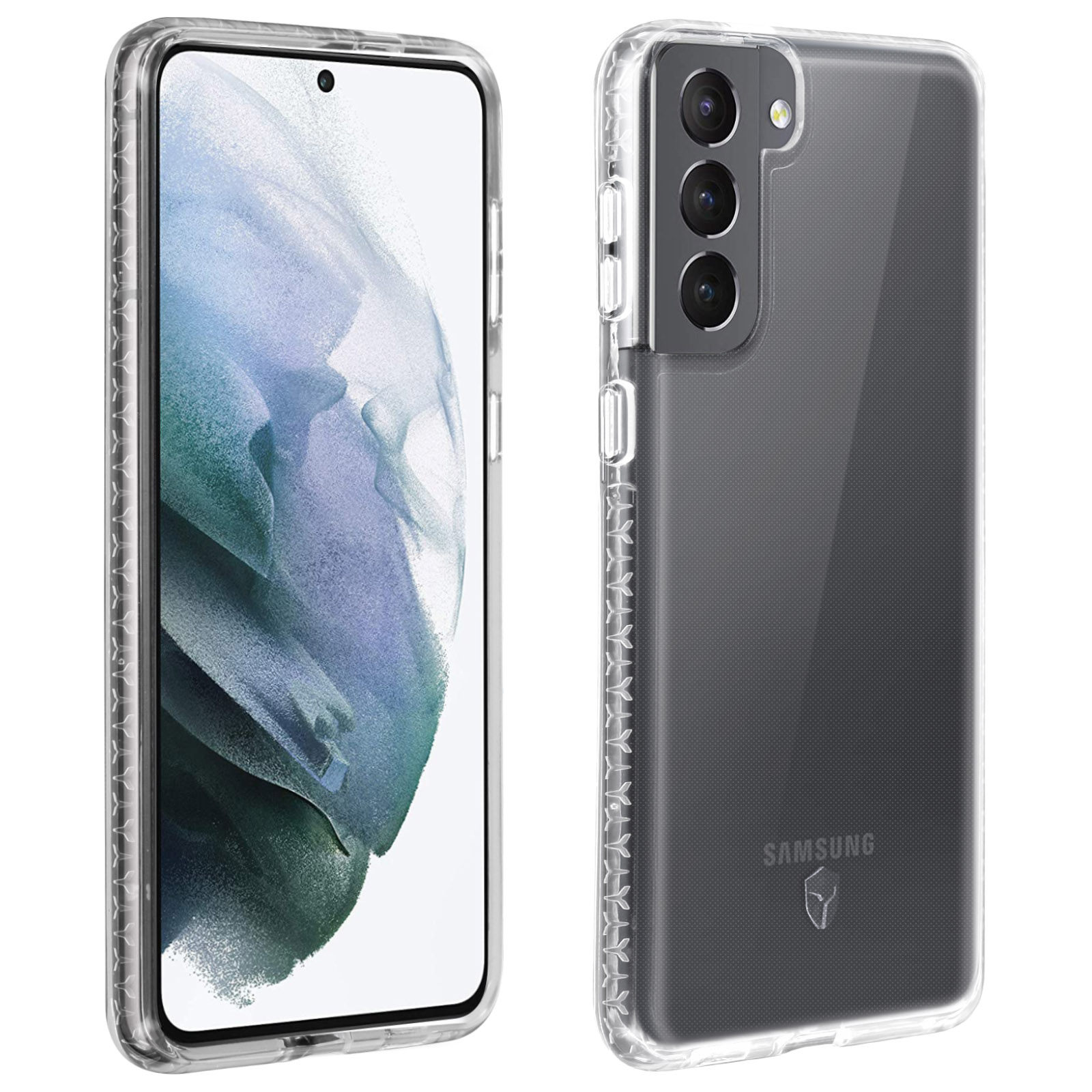 Twee telefoons met doorzichtige hoesjes. Eén toont het scherm en de ander de achterkant.