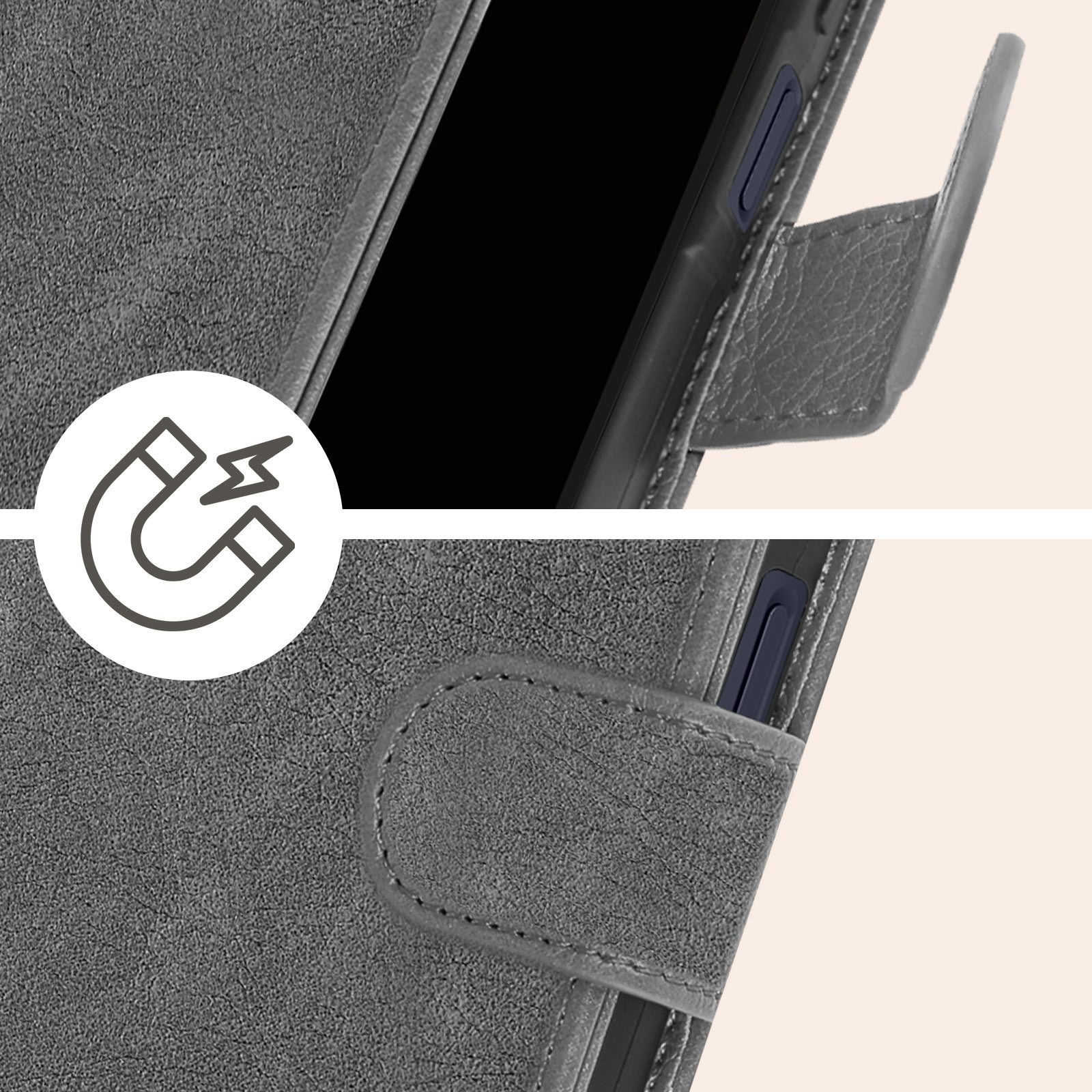 Nahaufnahme einer grauen Handyhülle mit Magnetverschluss und Logo.