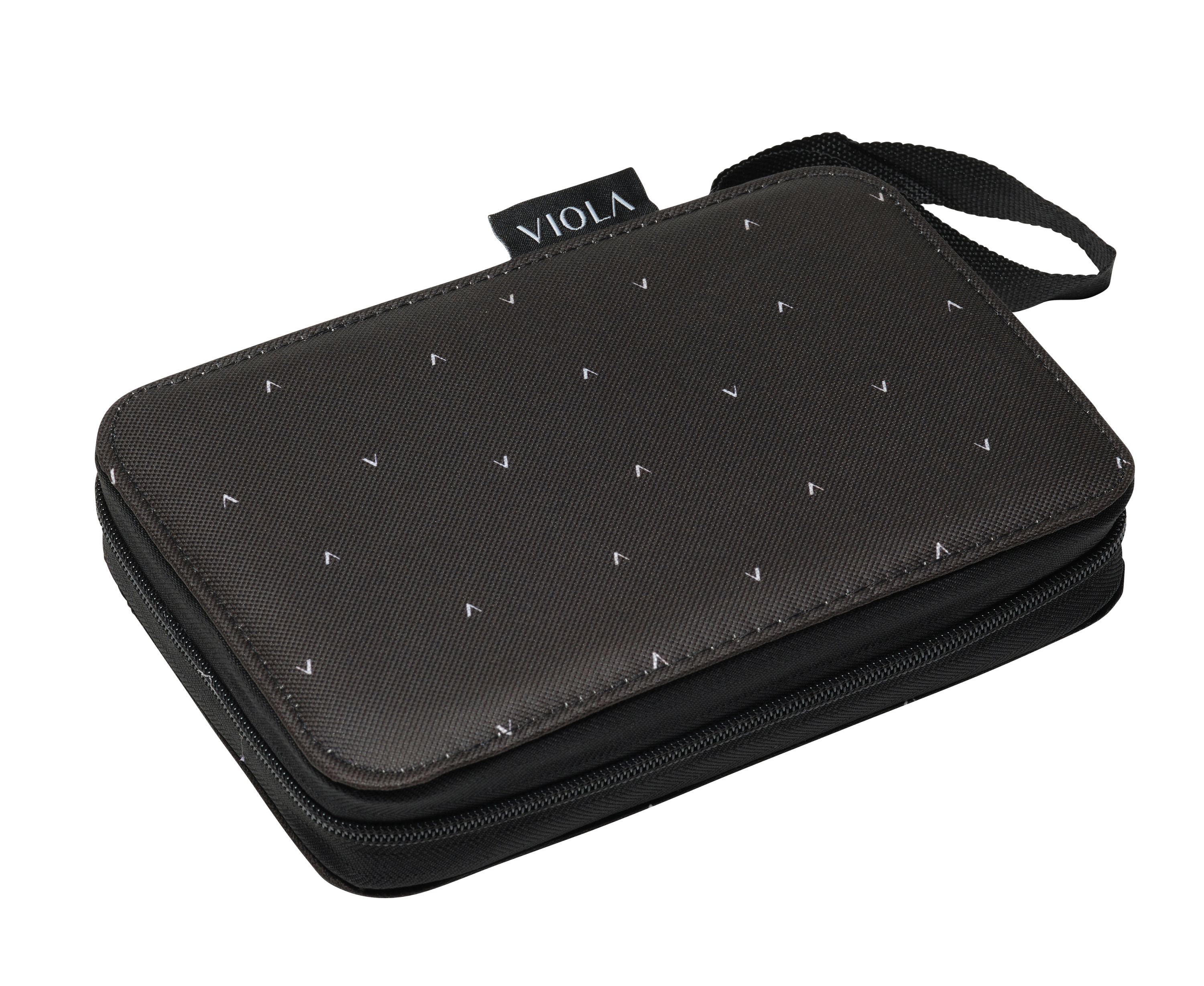 Estuche negro con cremallera, triángulos blancos y etiqueta Viola.