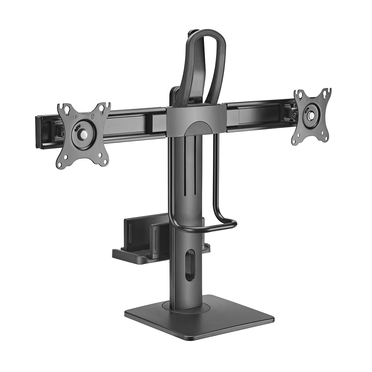 Schwarzer Doppelmonitorständer. Hat eine vertikale Stange und horizontale Arme mit Monitorhalterungen. Quadratische Basis.