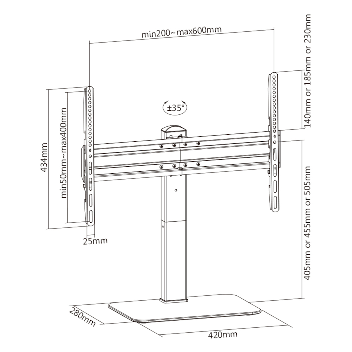 Schwarze TV-Ständer-Diagramm mit Abmessungen in Millimetern. Der Ständer ist auf weißem Grund.