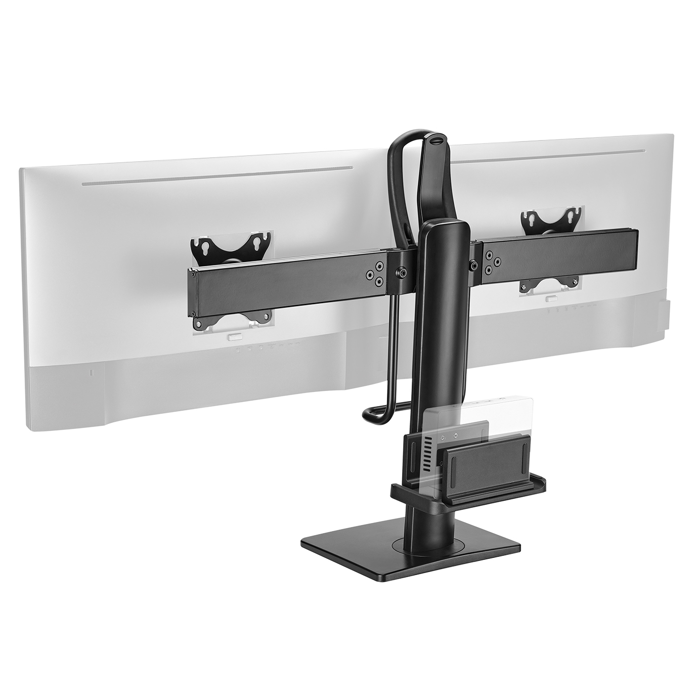 Schwarzer Monitorständer, der einen weißen Monitor trägt, mit einem kleinen Regal.