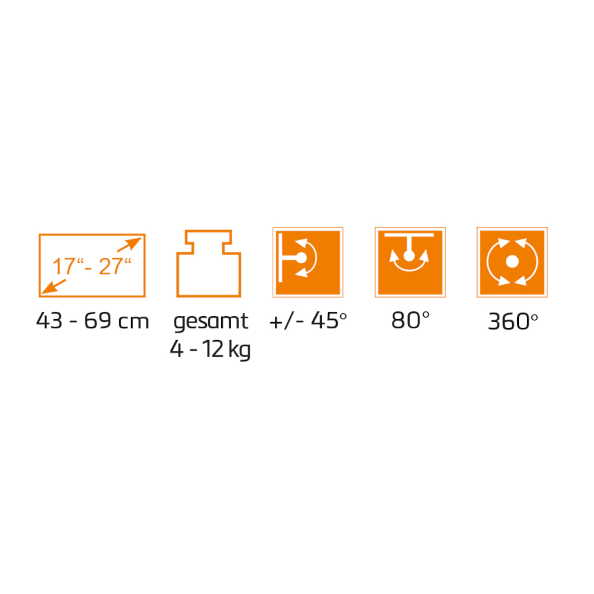 Symbole mit Abmessungen für eine Monitorhalterung, die Größe und Funktionen zeigen.
