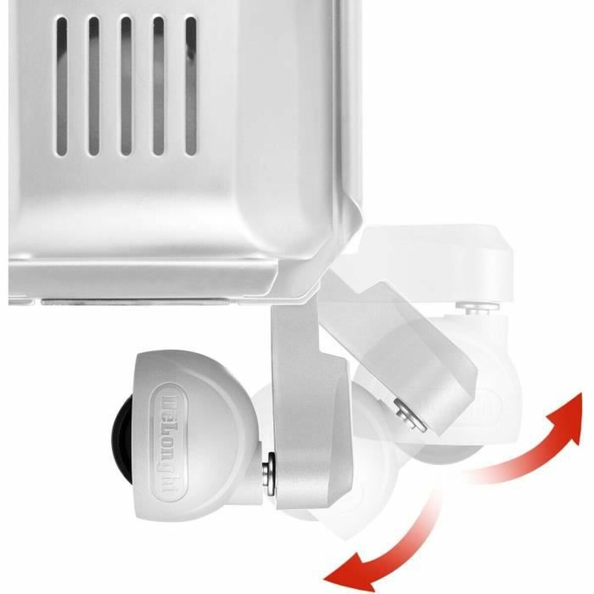 Białe urządzenie z kołem i czerwoną strzałką wskazującą ruch obrotowy.