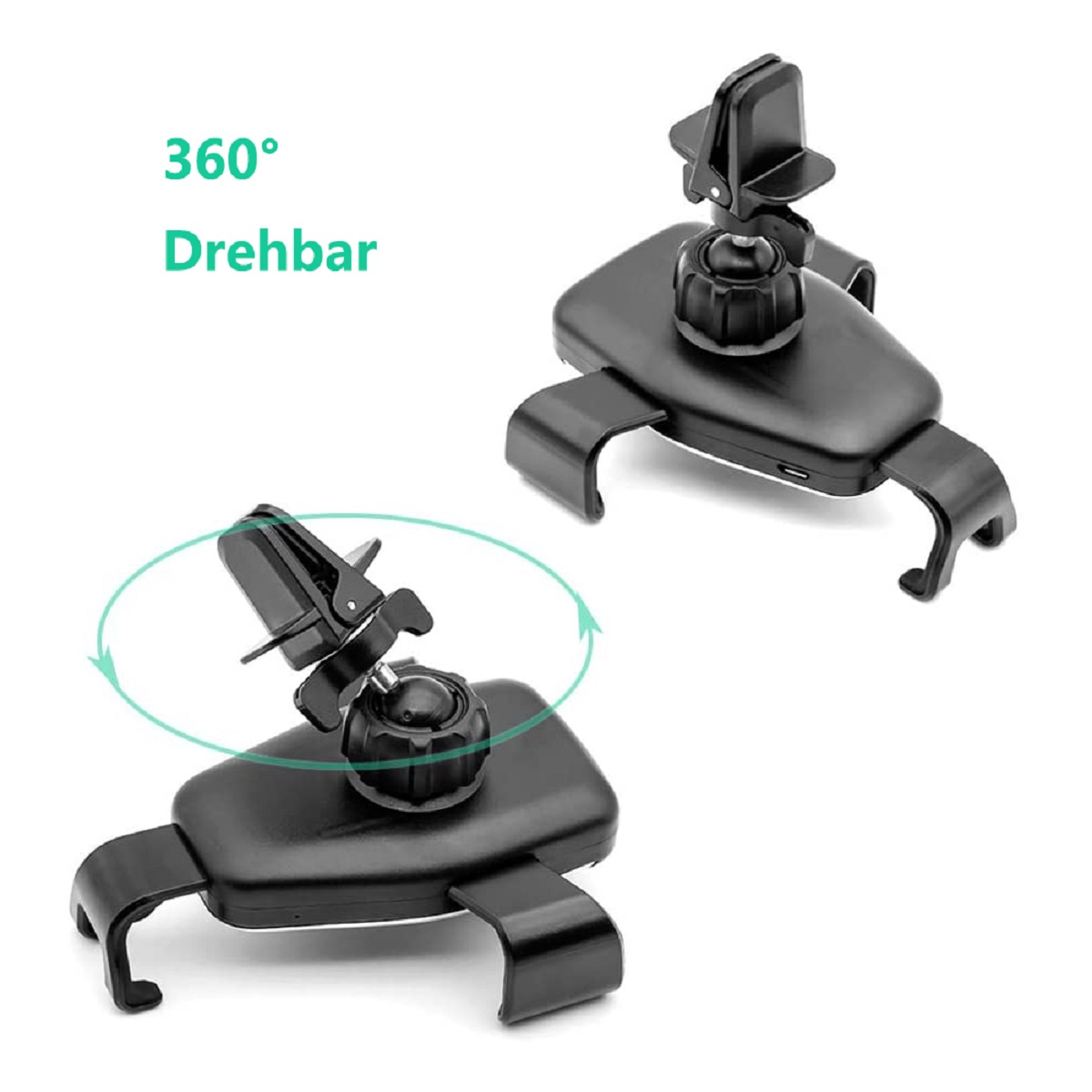 Zwei Autotelefonhalterungen. Eines wird aus zwei Blickwinkeln gezeigt, mit den Worten '360° Drehbar' und Pfeilen.
