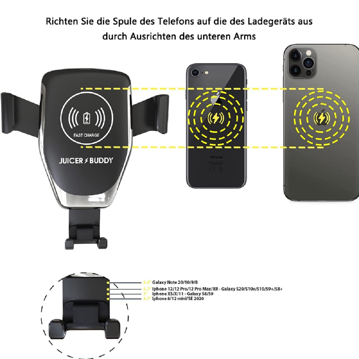 Kabelloses Autoladegerät mit Telefon- und Platzierungsdiagrammen, Text auf Deutsch.