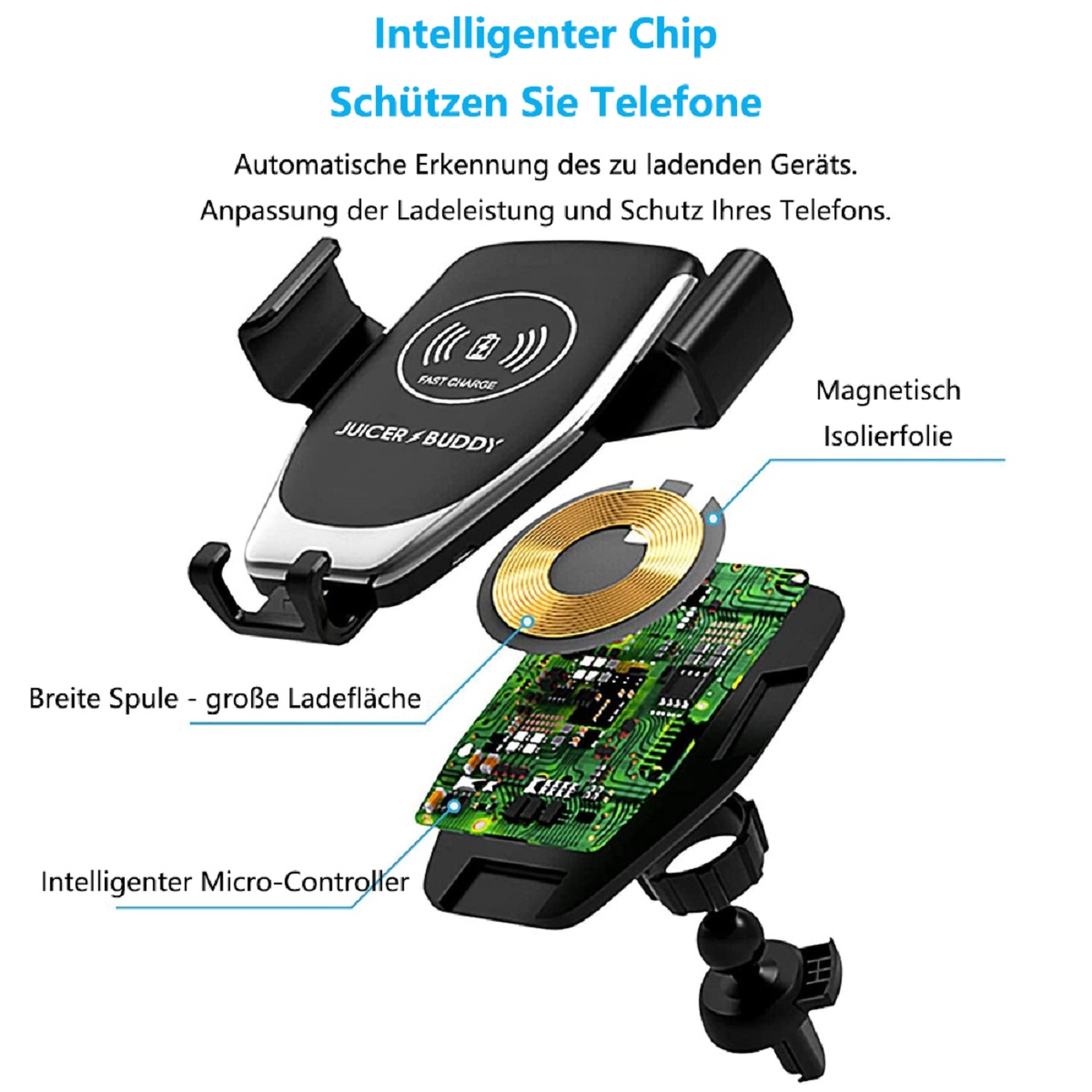 Kabelloses Telefonladegerät mit schwarzem und silbernem Design, die Komponenten sind sichtbar. Text auf Deutsch.