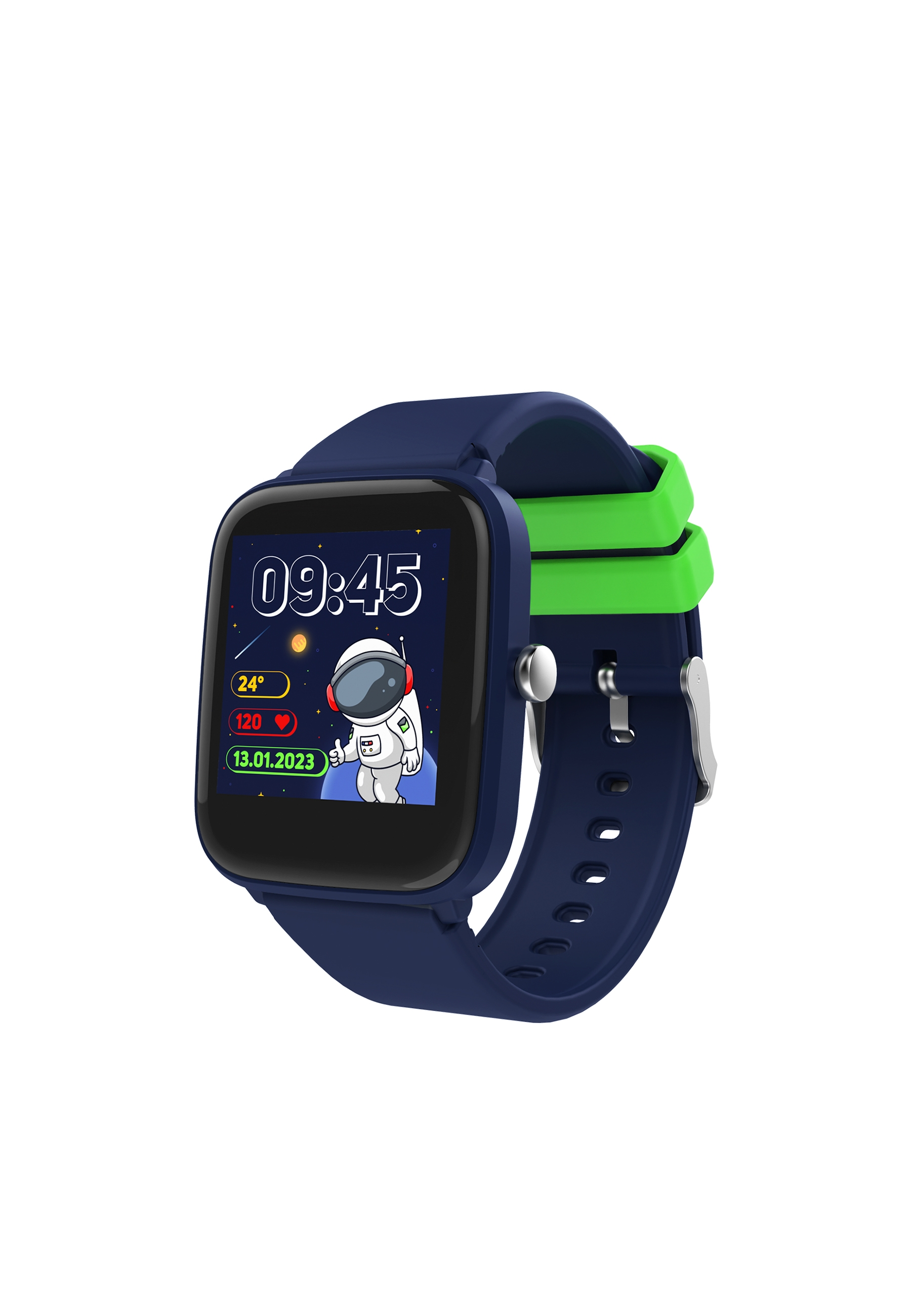 Smartwatch con cinturino blu e un accento verde. Lo schermo mostra l'ora e un astronauta.