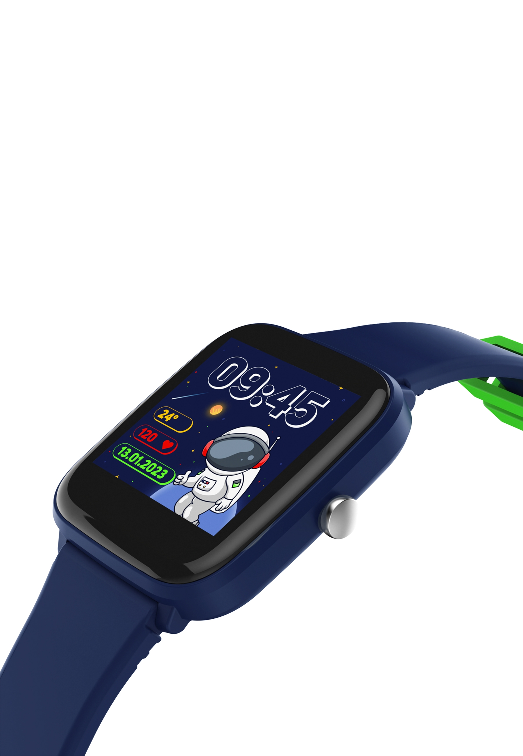 Smartwatch che mostra ora e data. Grafica astronauta. Cinturino blu navy con accento verde. Sfondo bianco.