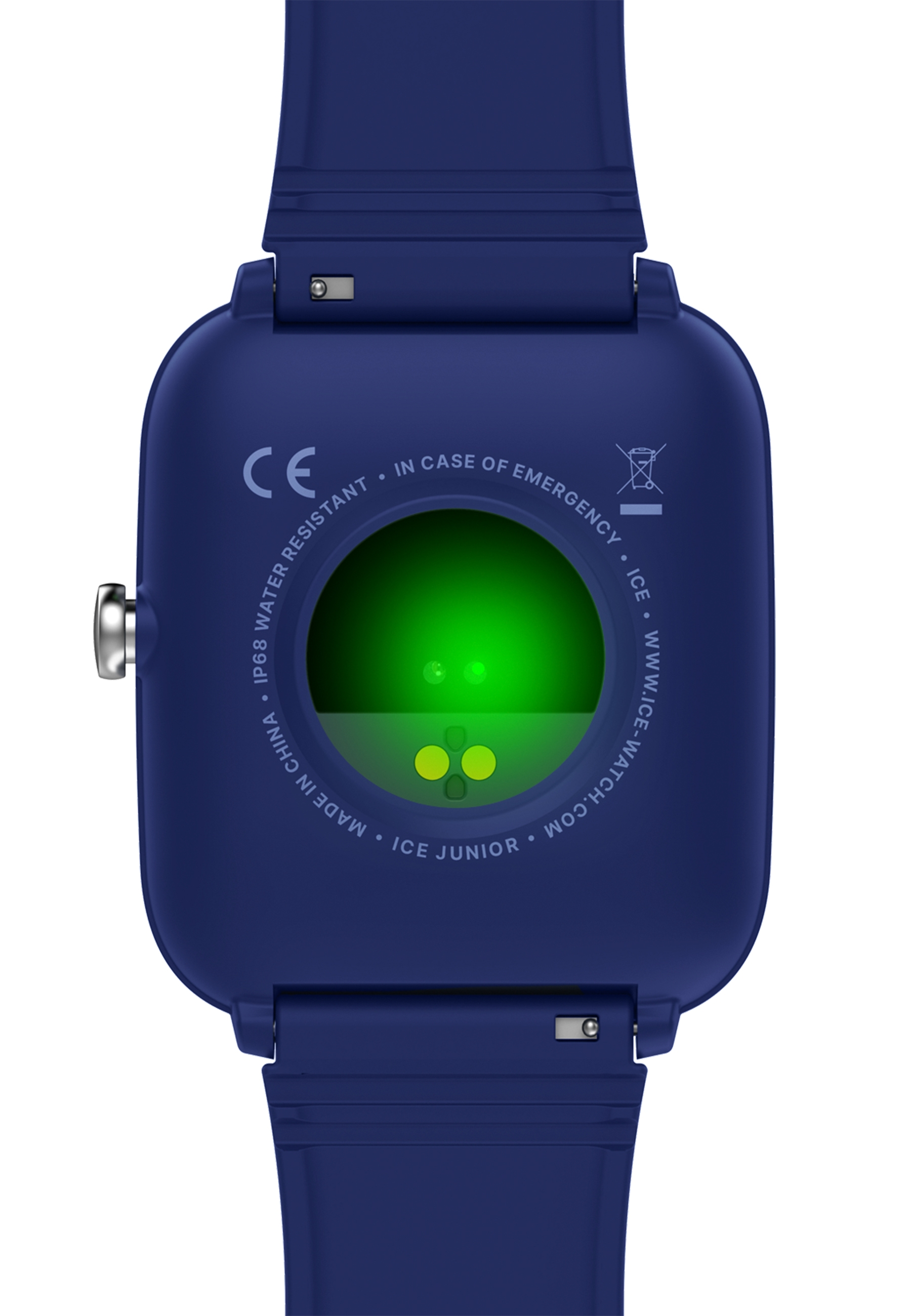Smartwatch blu. Vista posteriore con sensore verde. Sfondo bianco.