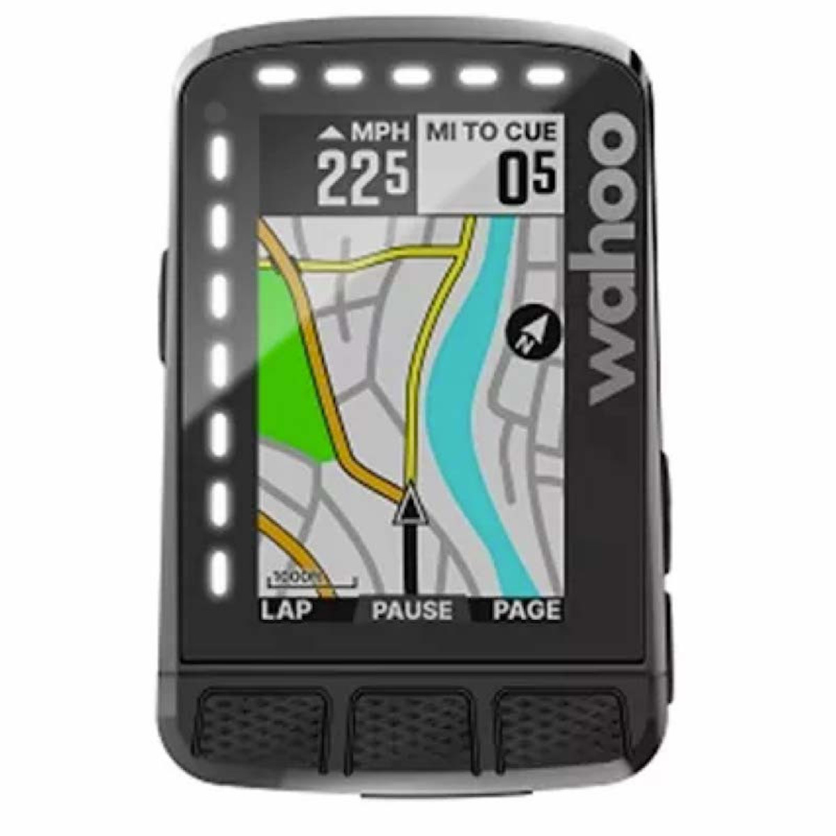 Ein schwarzes GPS-Gerät mit einem Bildschirm, der eine Karte und Navigationsdaten anzeigt. Es hat Knöpfe und das Wort 'wahoo'.